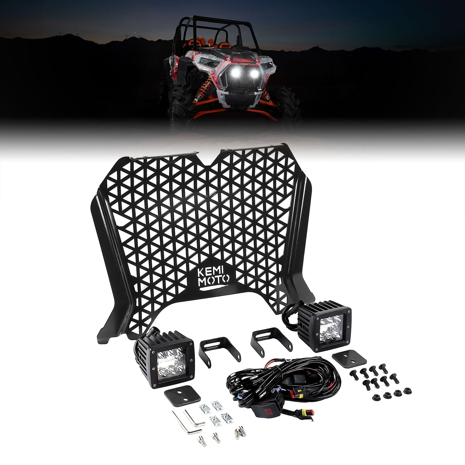 Photo 1 of KEMIMOTO UTV Metal Front Grill Light Compatible with 2019-2023 Polaris RZR XP/XP4 1000/1000 S/Turbo/Turbo S, Black Mesh Grille with Waterproof LED Light Bar Accessories (Black)