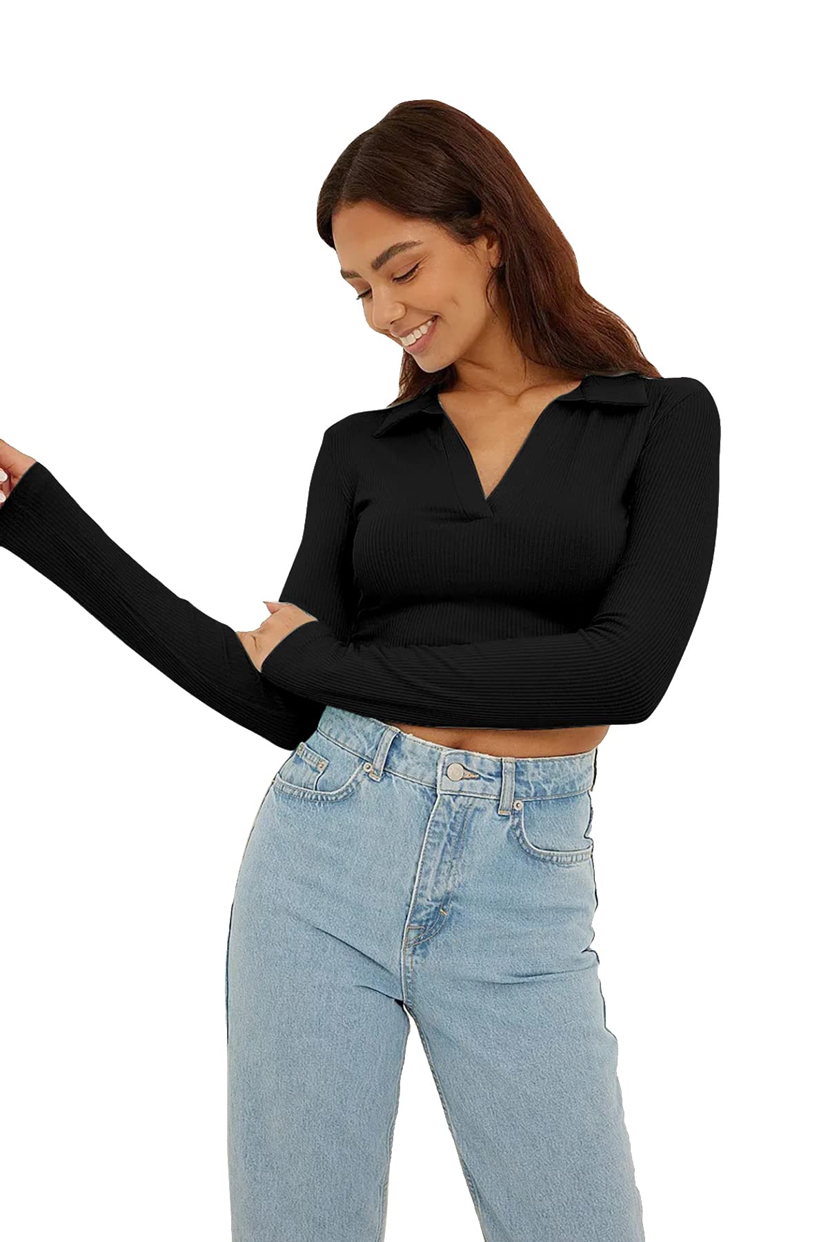 Women's Regular Fit Crop top Full Sleeves Polo Neck