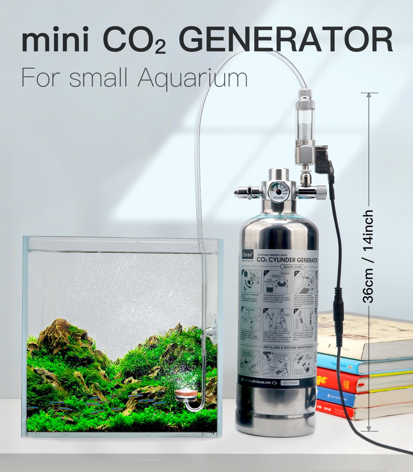 Générateur de CO2 d'aquarium - 1 l - En acier inoxydable - Réacteur au dioxyde de carbone - Avec régulateur - Électrovanne pour plantes d'aquarium (G600SMini) - Kit d'aquarium CO2