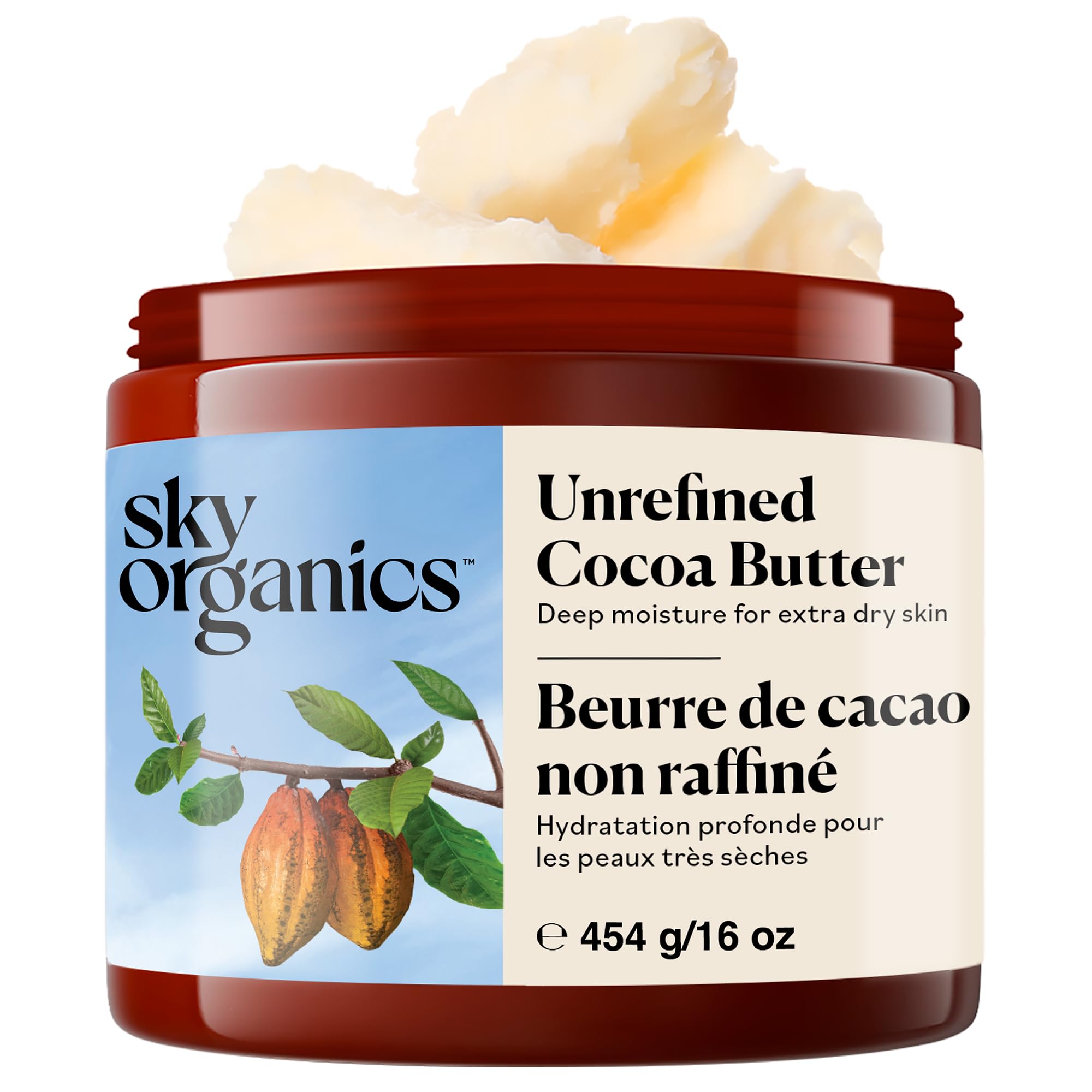 Sky Organics Cocoa nierafinowane masło kakaowe, 100% Pure Raw 16 uncji odżywia skórę, nawilżanie i leczenie skóry, do suchej skóry, rozstępów – do pielęgnacji skóry, pielęgnacji włosów i przepisów DIY