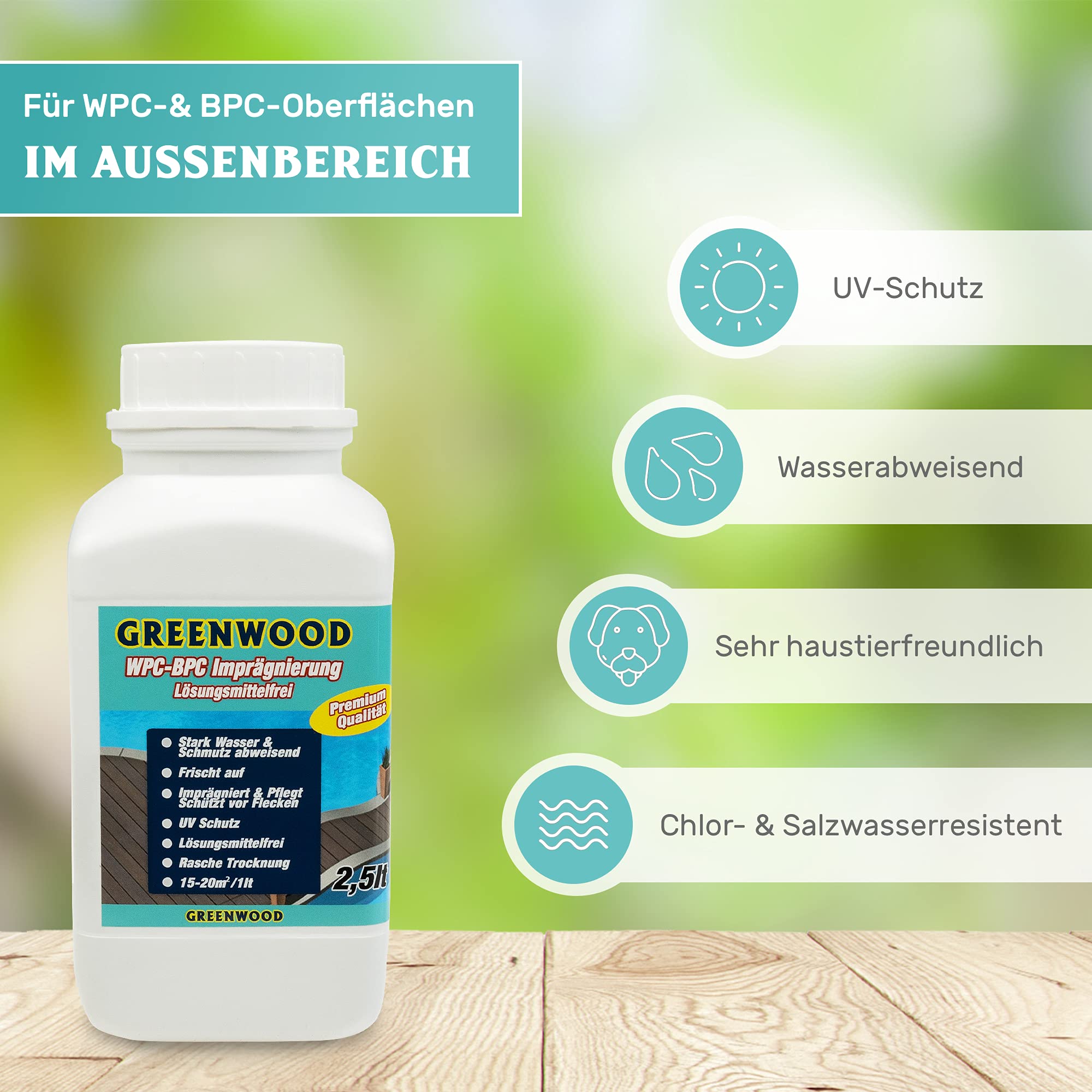 Greenwood WPC & BPC Impregnante trasparente – Impregnante incolore – Detergente per terrazze con protezione UV – ECO senza solventi – 2,5 litri