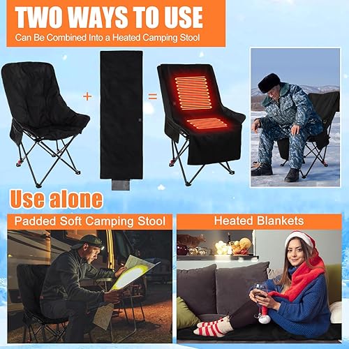Miniatura 3 de Juego de 2 sillas de campamento con calefacción, sillas plegables portátiles para exteriores con cojín térmico para invierno, pesca, eventos