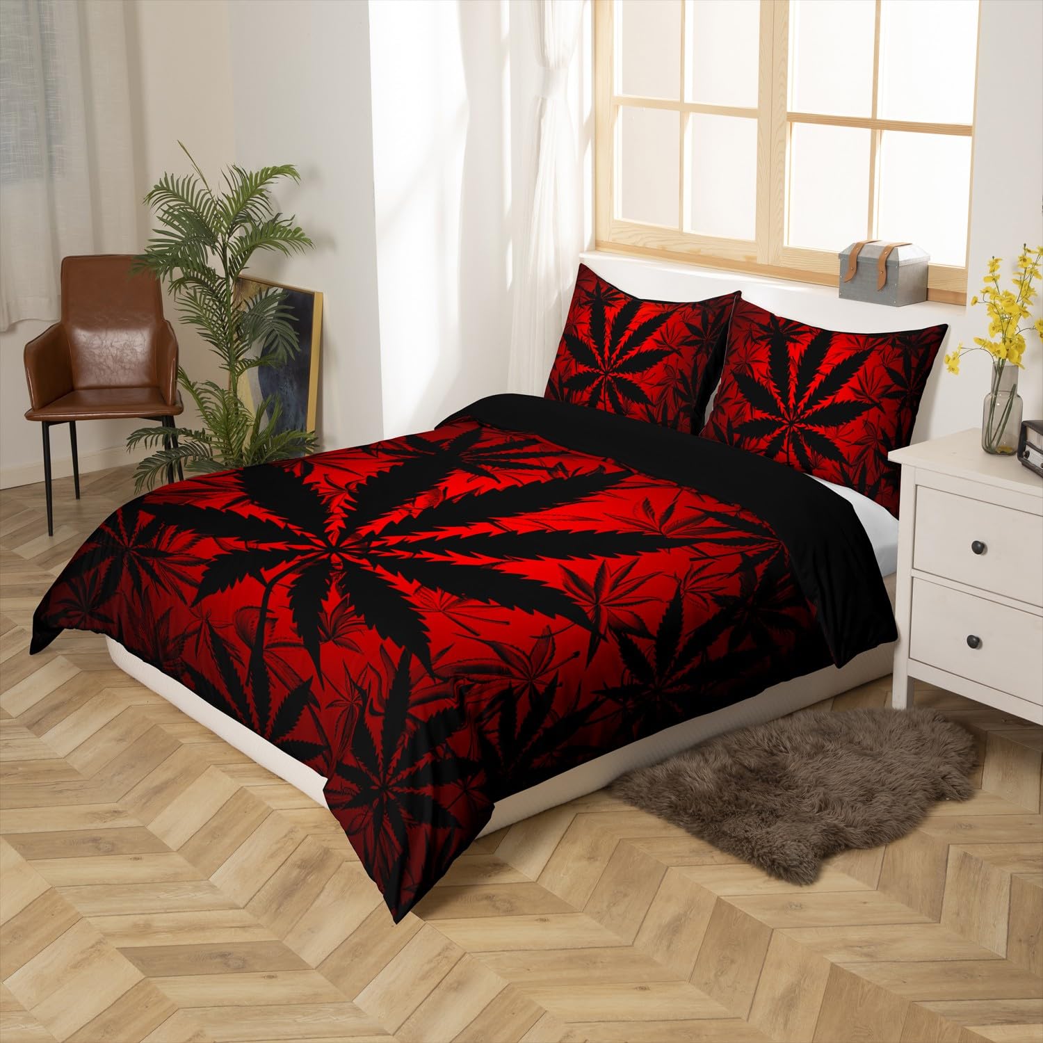 Erosebridal Cannabis Leaf Duvet Cover Twin,Glowing Red Weed Bedding Sets for Kids Teens Girls Adults Room Decor,Marijuana Weed Comforter Cover,Solid Color Marijuana Leaf Bed Cover with 1 Pillowcase