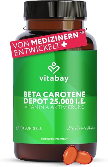 Natural Beta Carotene 25000 IU – 180 Vegan Soft Gels – Vitamin A Activity Hochdosiert – Algae D. salina High Dose Depot - Natural from Dunaliella Salina Algae - Provitamin A - Vegan - Laboratory Tested - Supply for 18 Months