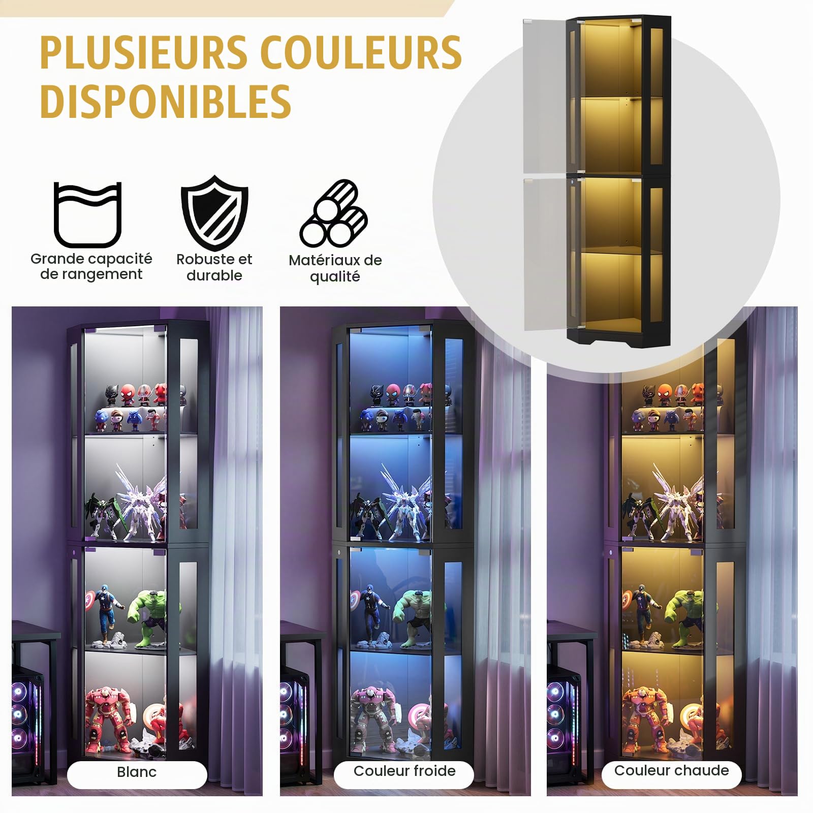 Vitrine d'angle en Verre avec Lumières LED, 165cm Armoire de Collection à 4 Couches pour Salon, Entrée, Chambre, Noir,165x 40 x 40 cm