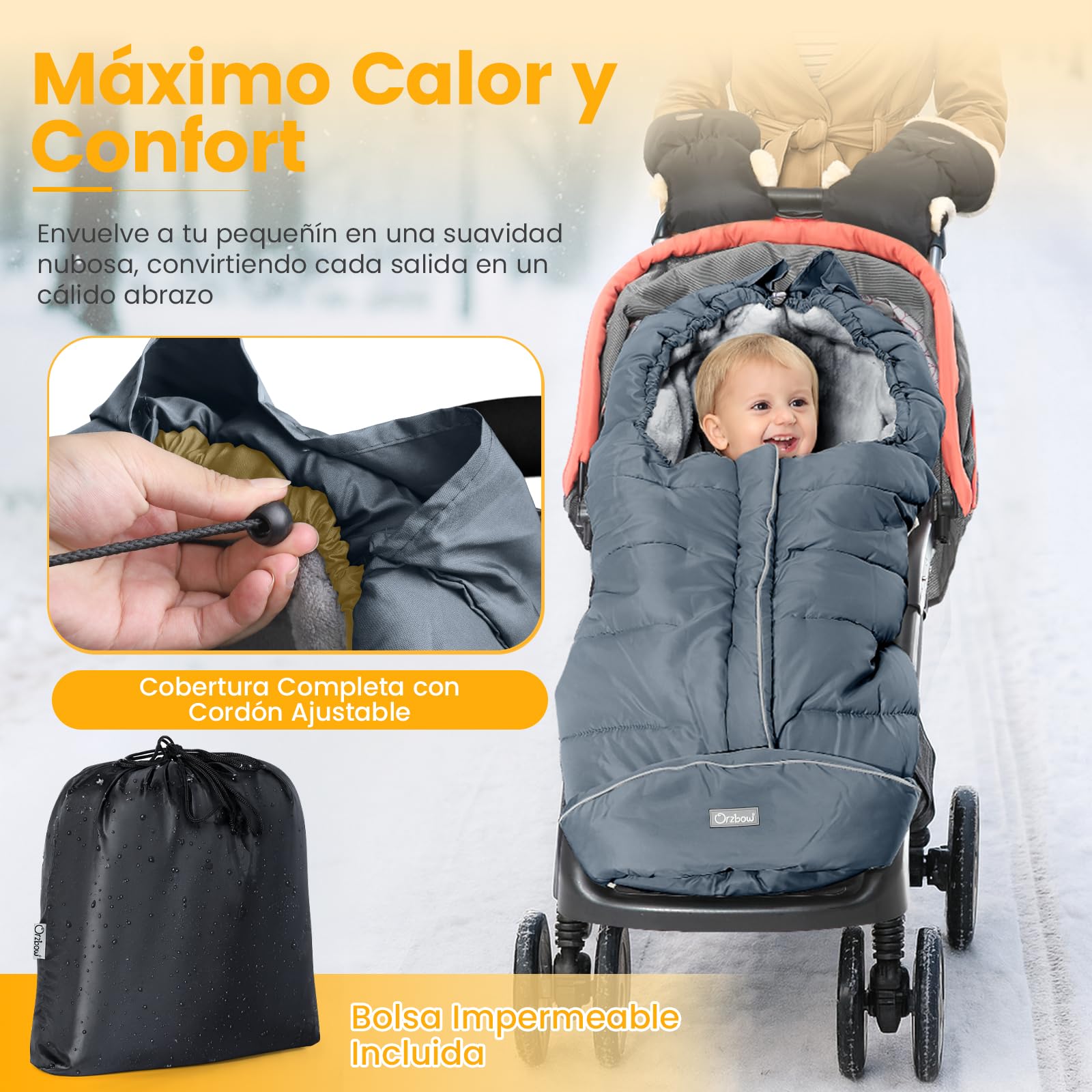 Orzbow Saco Silla Paseo Universal Invierno, Saco Carro Bebe Invierno con Pile Coral, Impermeable, Tira Reflectante, Partículas Antideslizantes y Cremallera, Lavabile in Lavatrice, Gris