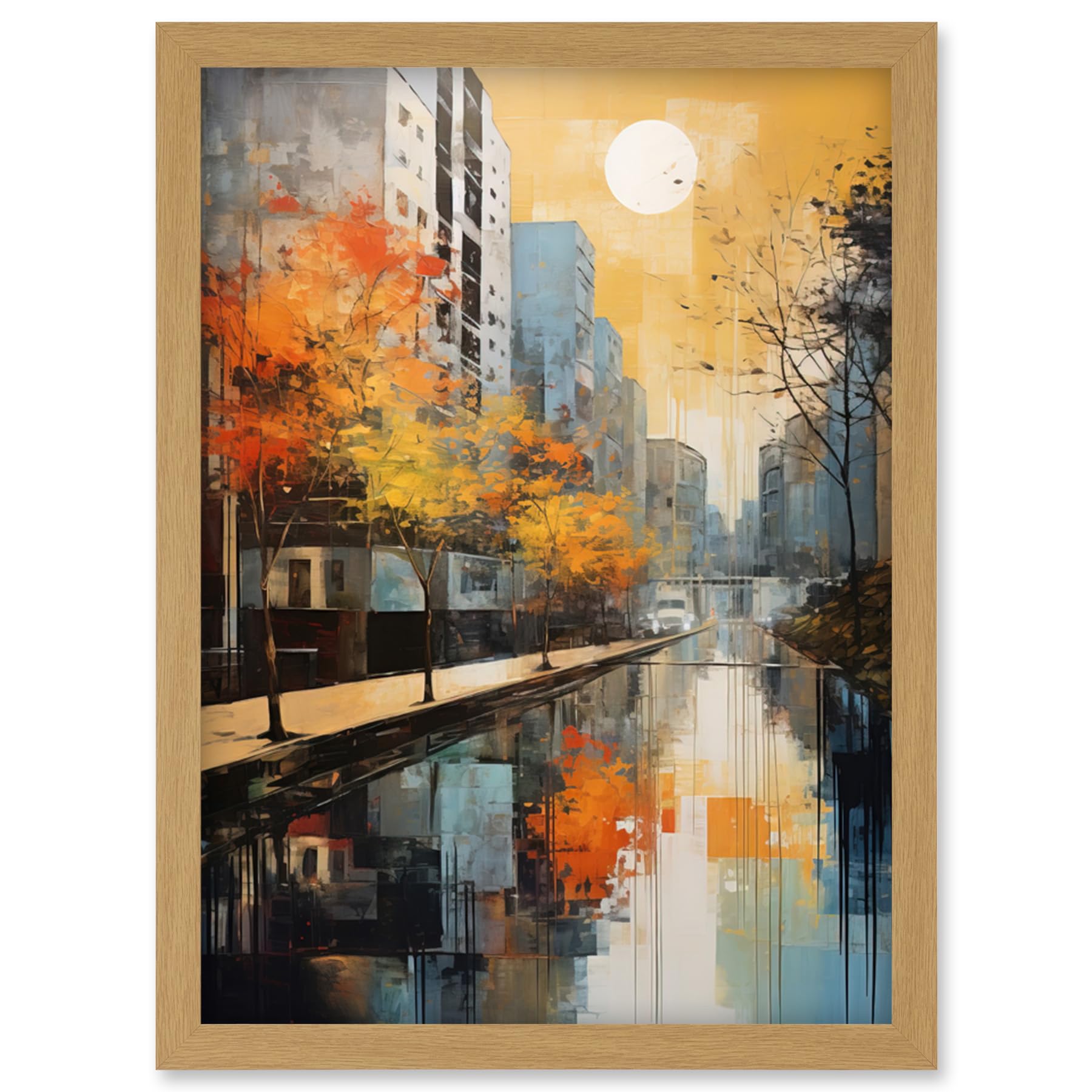 Artery8 Cityscape River Canal Oil Painting Blue Orange Trees Autumn in the City Artwork Framed Wall Art Print A4