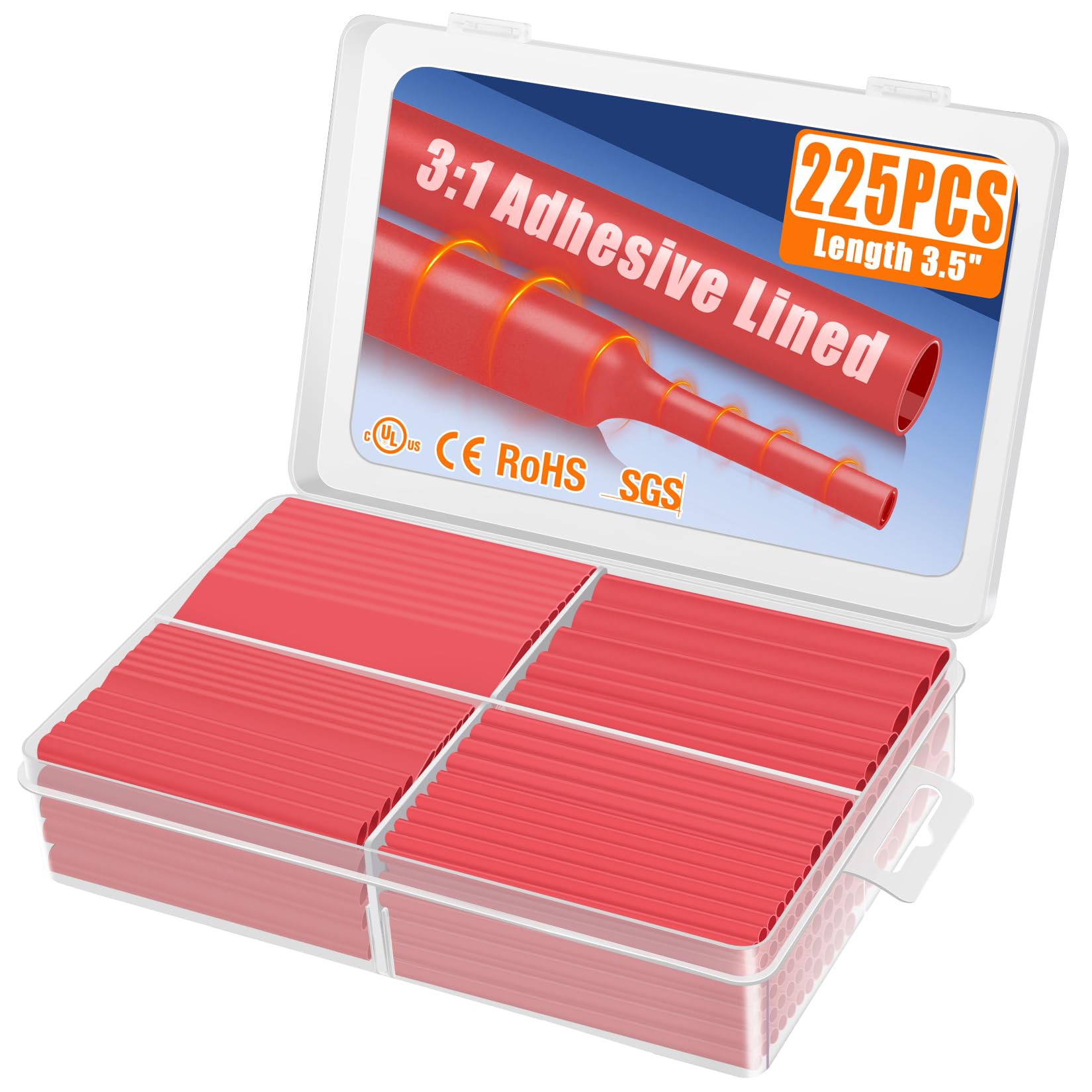 XHF UL Listed 225 Pcs 3:1 Waterproof Heat Shrink Tubing Kit Marine Grade Adhesive Lined Heat Shrink Tube, Insulation Sealing Oil-Proof Wear-Resistant Red