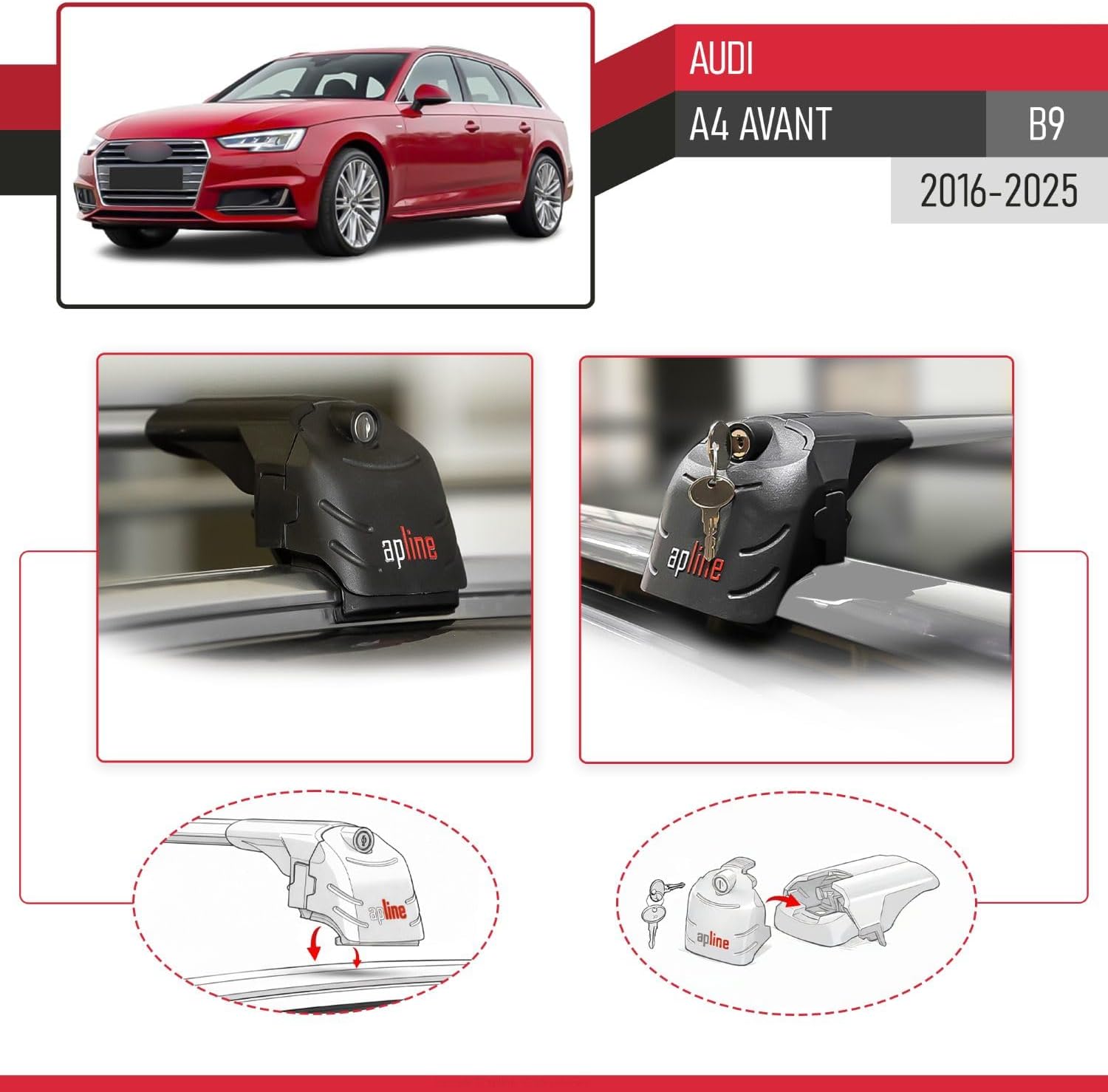 Compatible with Audi A4 (B9) Avant 2016-2025 ACE-2 Type Car Roof Rack Cross Bar Grey Aluminium Bars