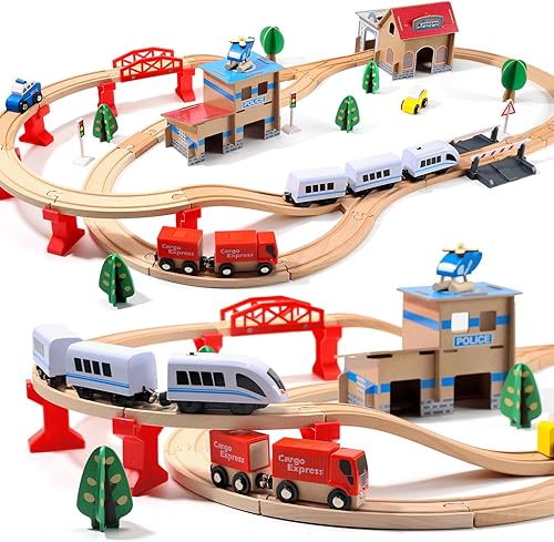 Juego de tren eléctrico de madera para niños pequeños, 88 piezas de juguetes de tren para 3, 4, 5 años, gran regalo de Cristo para niños y niñas