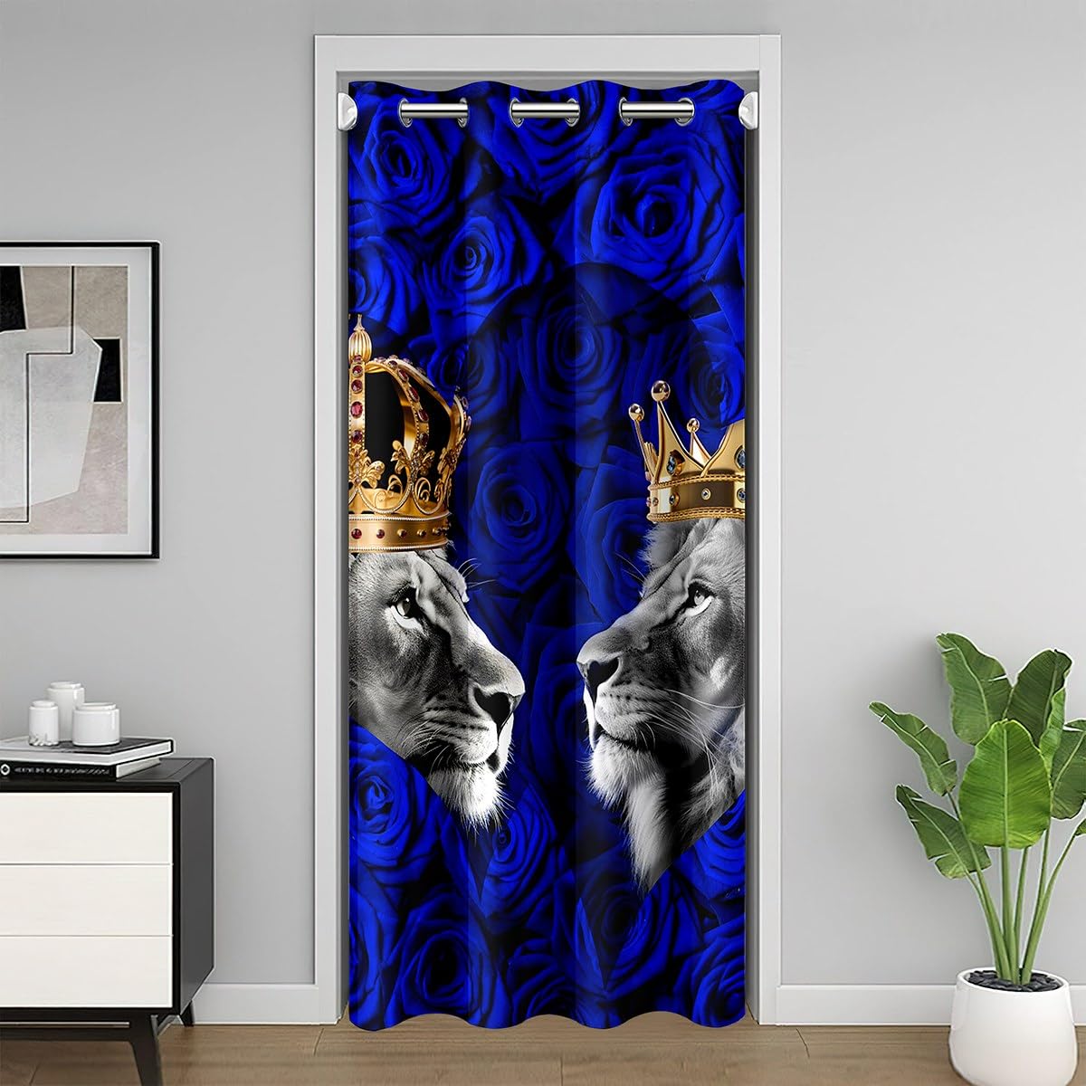 richhome Lion Crown Door Curtain Watercolor Blue Rose Romantic Flowers Doorway Curtain Privacy For Kids Teens Adults Abstract Gray Wild Animals Decor Dreamy Drape For Bedroom Doors Windows60 W X80 L โ image 1