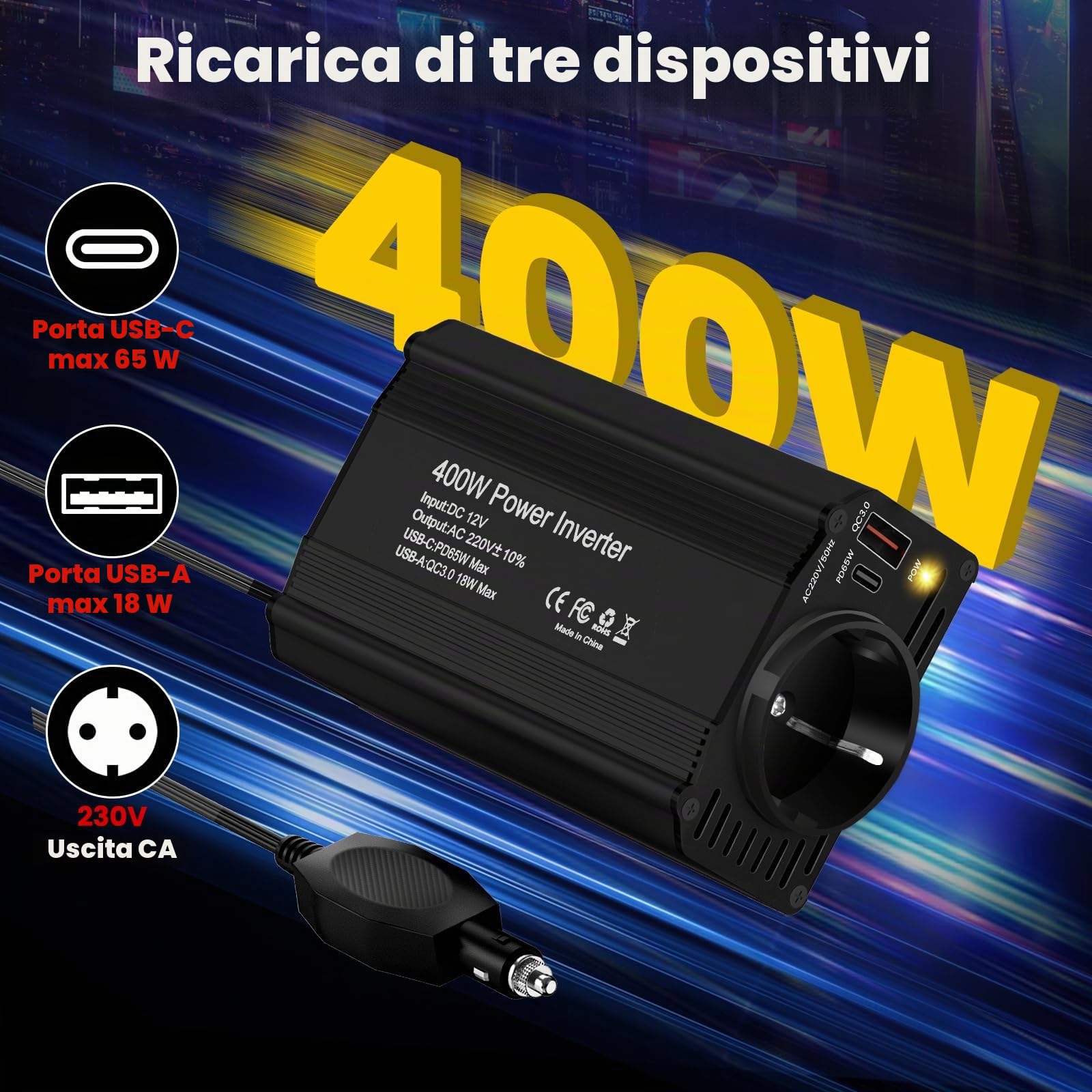 400w Invertitore Di Potenza Auto,Inverter 12 V 220 V Onda Pura, Premio Avec Allume Cigare,Con Pd65 W Usb-C, Qc3.0 Usb-A E 1 Presa, Supporto Per Ricarica Rapida E Con Interfaccia Per Accendini A Bordo