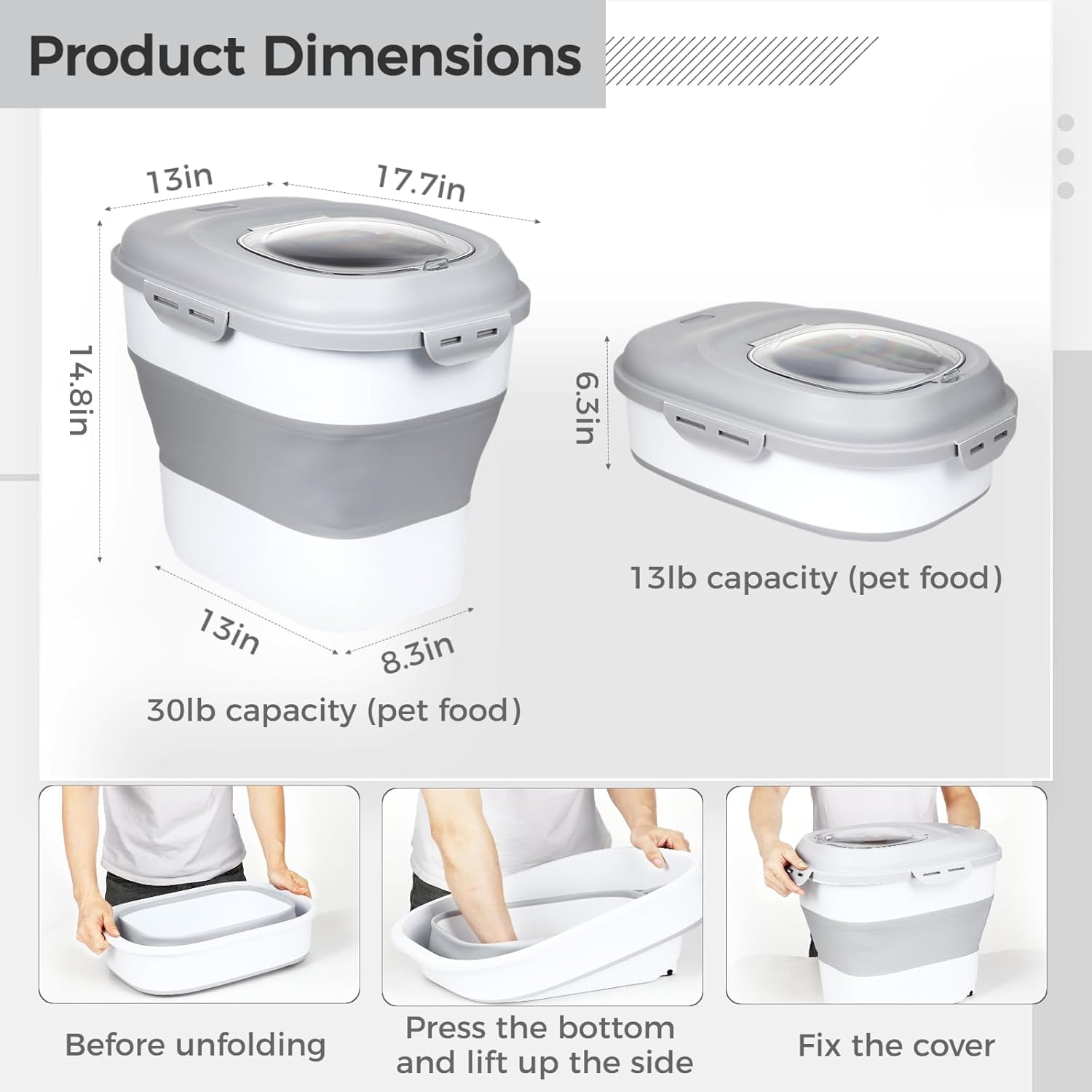 Foldable Dog Food Storage Container, bin for 30Lb Pet Food Cat Food Fish Food with Measuring Cup, Sealed Lid, Wheels Large Airtight Plastic Containers, 50 Pound Rice Kitchen Storage Holder