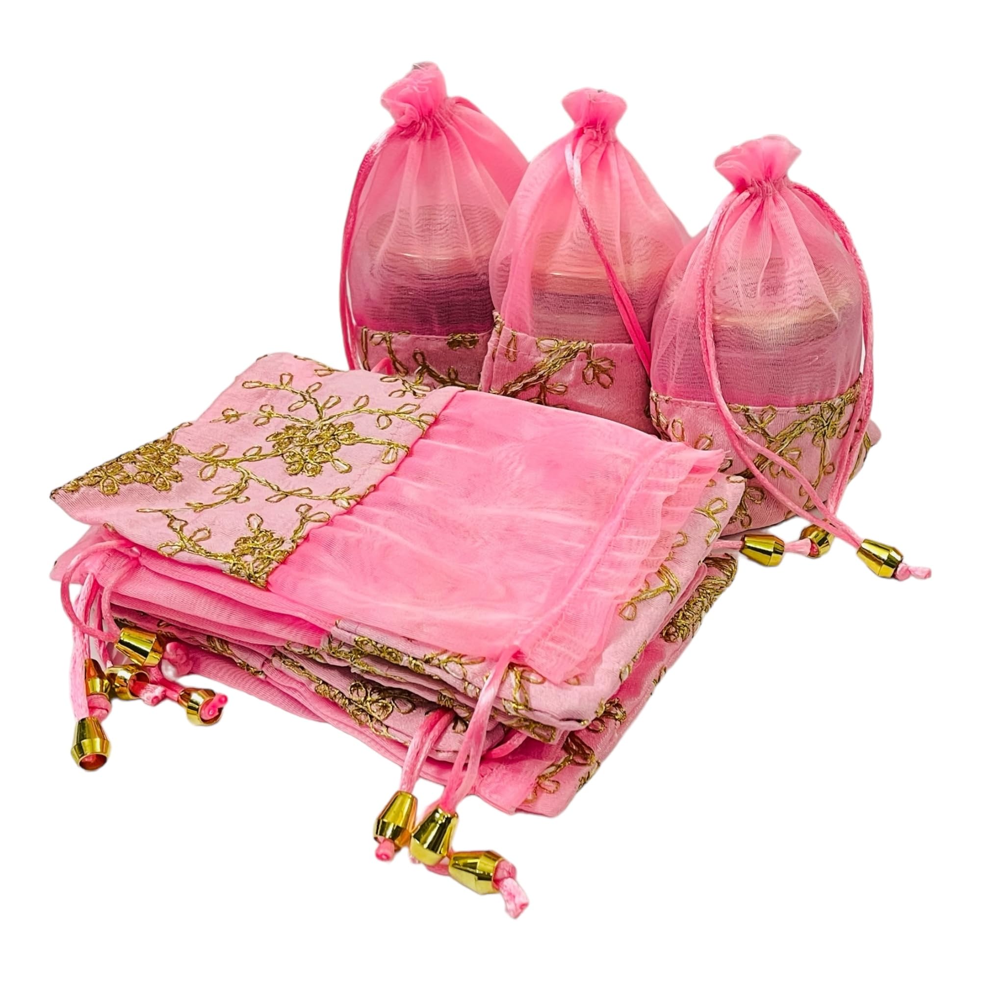 KRIWIN Pack of 10 Womens Silk Drawstring Closure Embroided Gift Potli Bags Pouches 7 X 5 inch Capacity- 250 gram (Pink) (B0D22ZB23H) Amazon Price History, Amazon Price Tracker