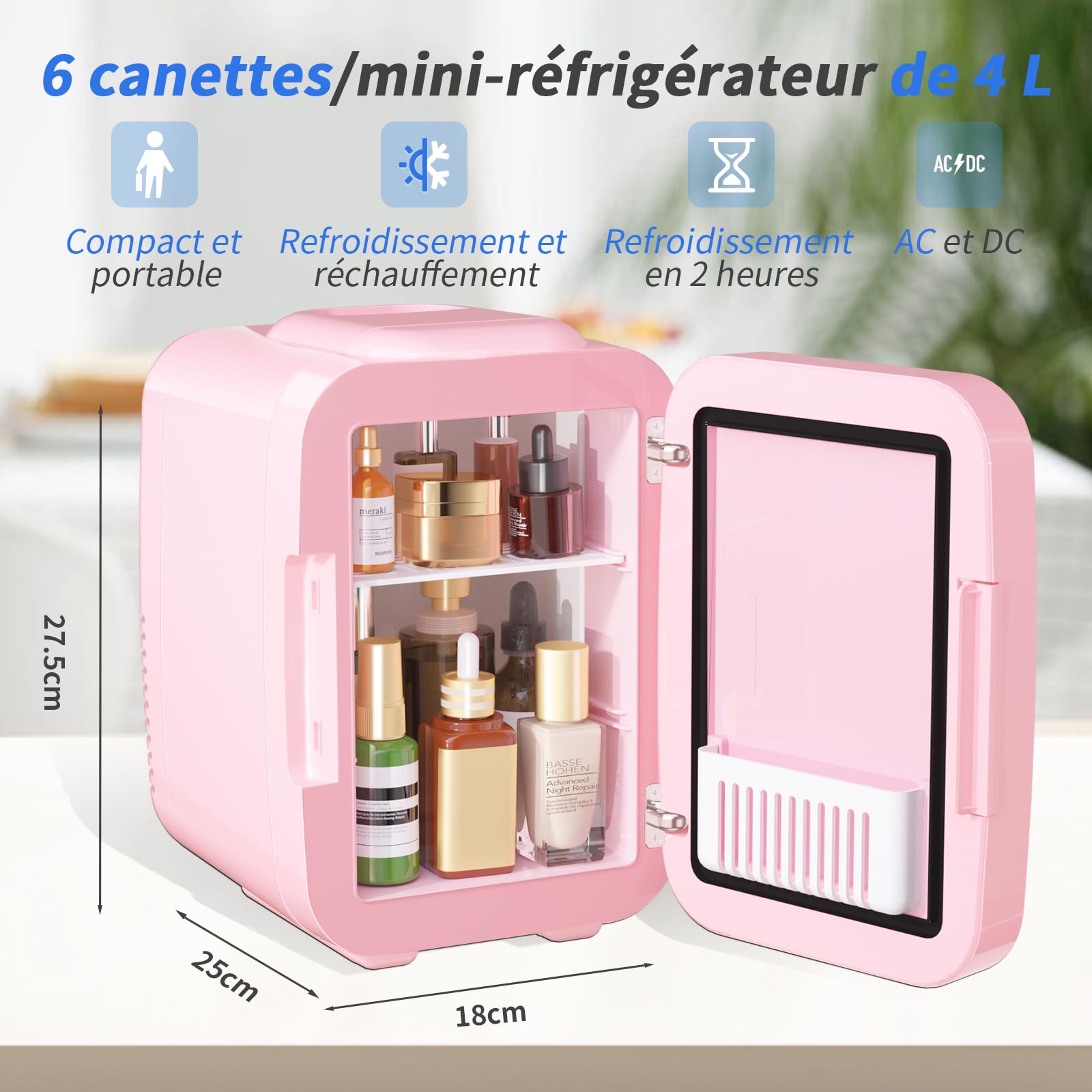 YASHE Mini Frigo pour Chambre, Frigo Skincare avec Miroir LED, Petit Frigo de 4L Portable, Thermoelectrique Chauffe & Refroidisseur 220V AC / 12V DC pour Voiture, Bureau, Dortoir (Rose)