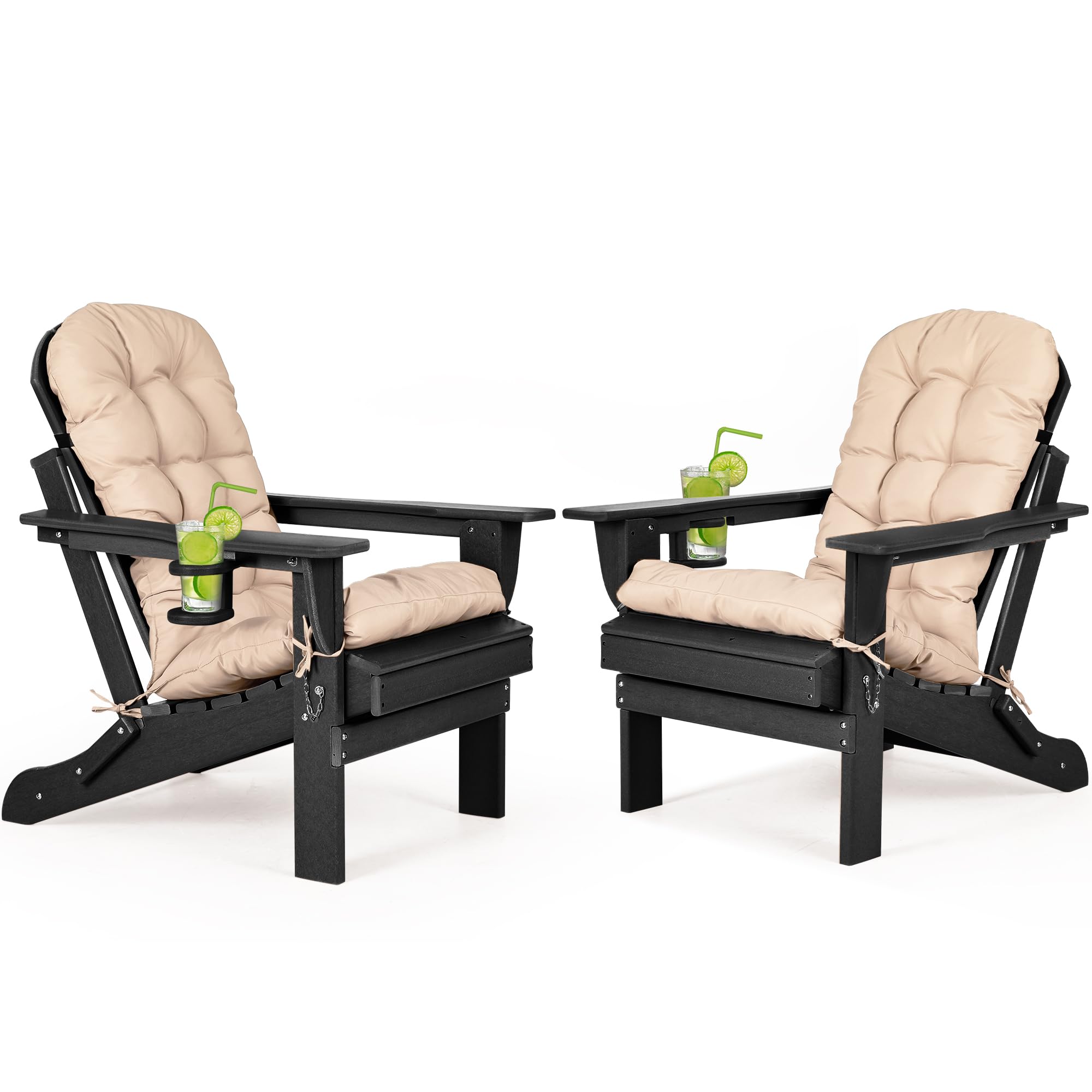 Nalone Folding Adirondack Chairs Set of 2 with Cushion with Cup Holder, HDPE Plastic Oversized Patio Chair Weather Resistant, Used in Outdoor, Fire Pit, Deck, Garden, Campfire Chairs (Black)