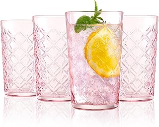 Drinking Highball Glasses Set of 4, Vintage Cross Hatch Glass Cups, 16.2oz Tall Drinking Water Glasses, Dishwasher Safe Pink Glass Tumbler Glassware for Water, Juice, Cocktail, Coffee, Whiskey