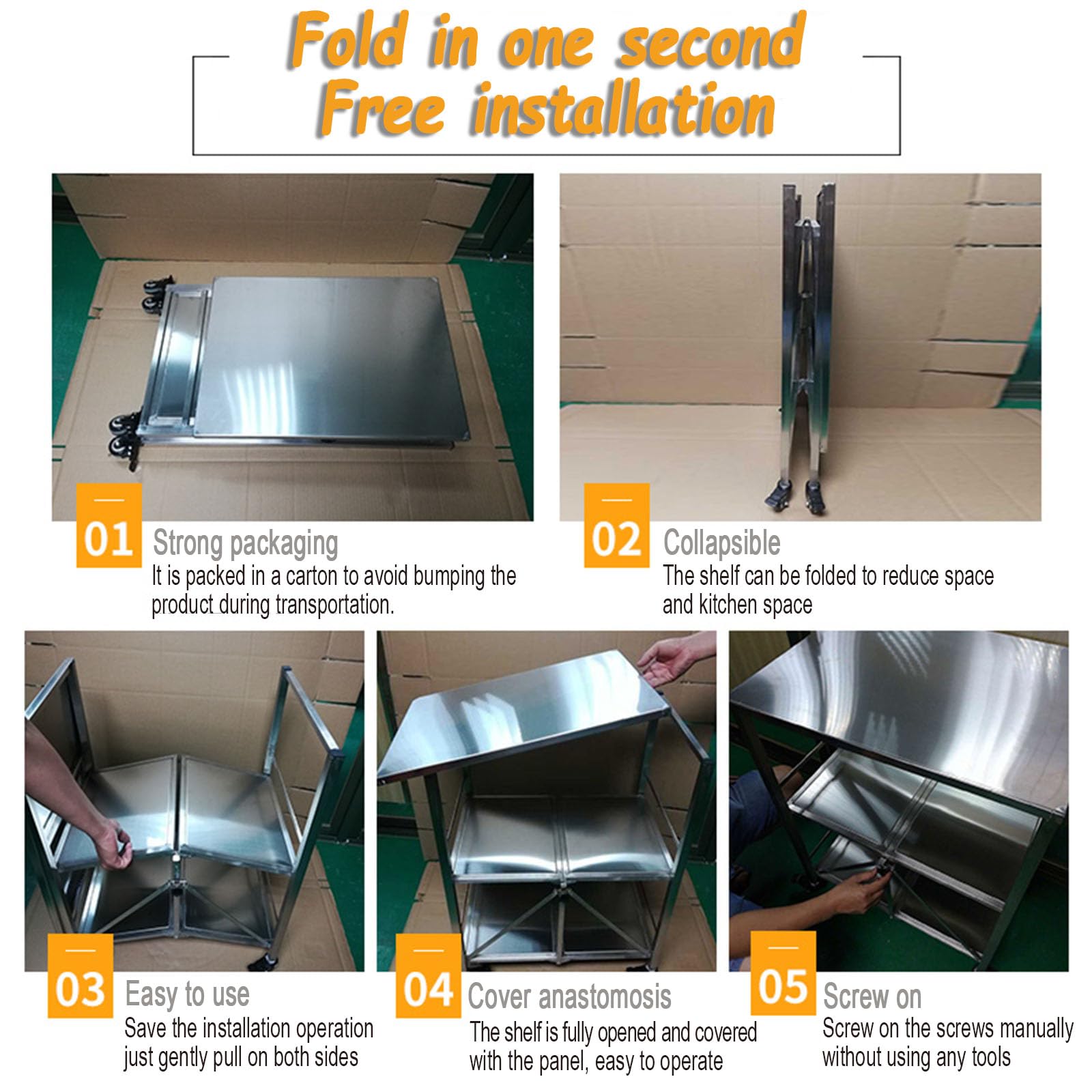 Carrito de Servicio 3 Niveles Acero Inoxidable 60X45X80CM | Plegable, Con Ruedas, Multifuncional, Para Hotel Restaurantes Escuelas