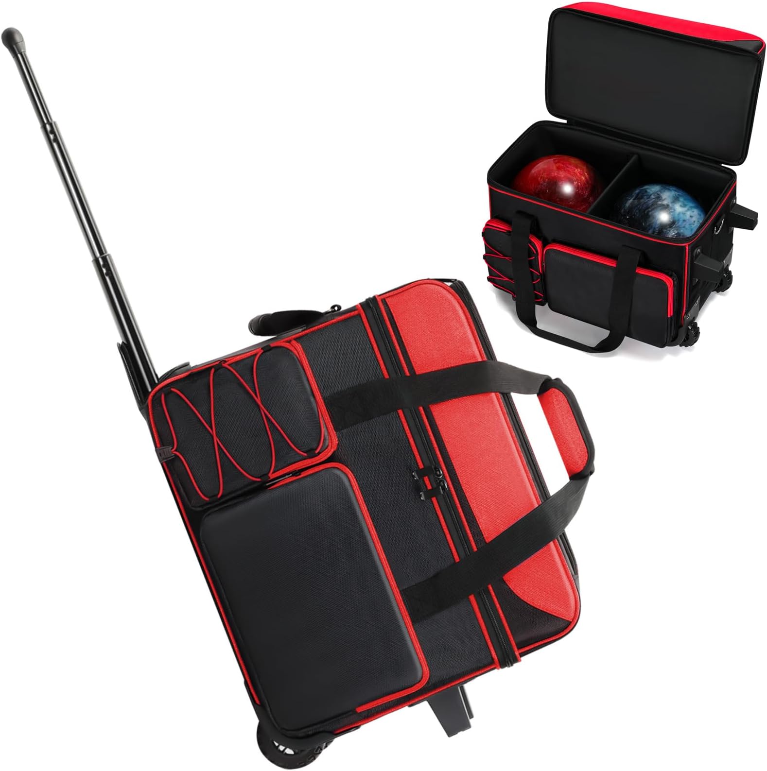 Double Roller Bowling Bag with Wheels, Large Capacity Pocket Bowling Ball Bag for Bowling Shoes, Retractable Handle for 2 Bowling Ball and Accessories