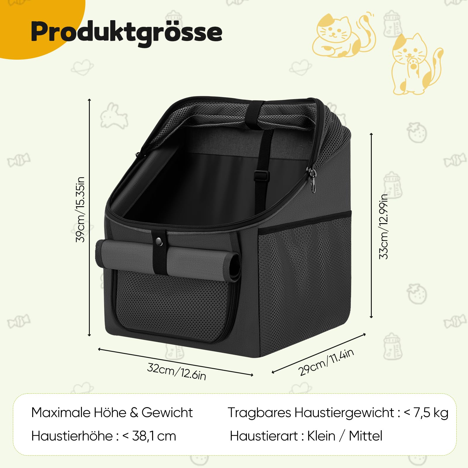 Panier de vélo 4 en 1 pour chien, panier avant de vélo pour chiens et chats, sac à dos amovible avec 4 fenêtres en maille et ceinture de sécurité, sac respirant pour animaux de compagnie pour vélo