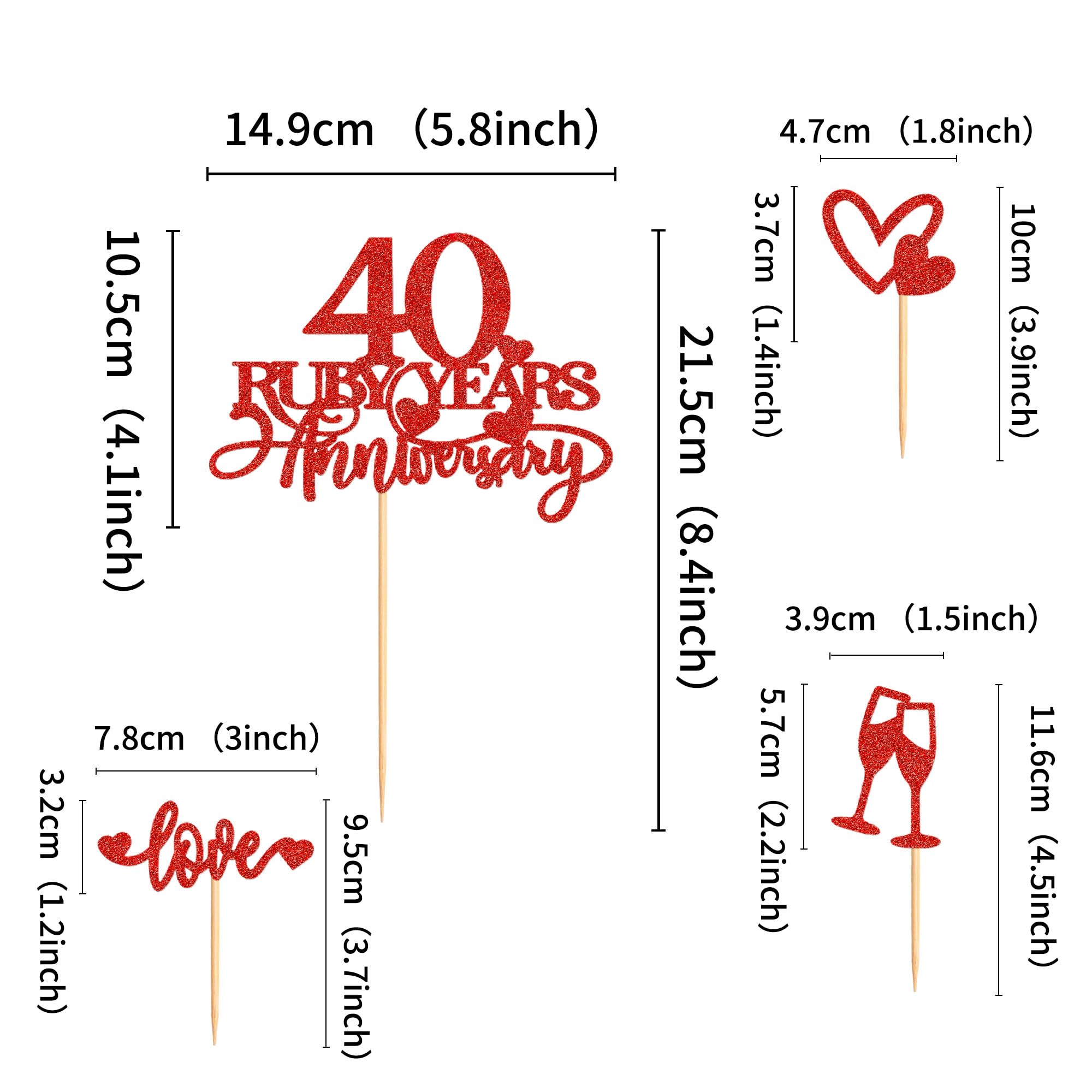 Blumomon 25Pcs 40th Anniversary Cake Toppers Ruby Weddding Anniversary Heart Cake Decoration for 40 Years and Love Celebration Party Supplies - Image 2
