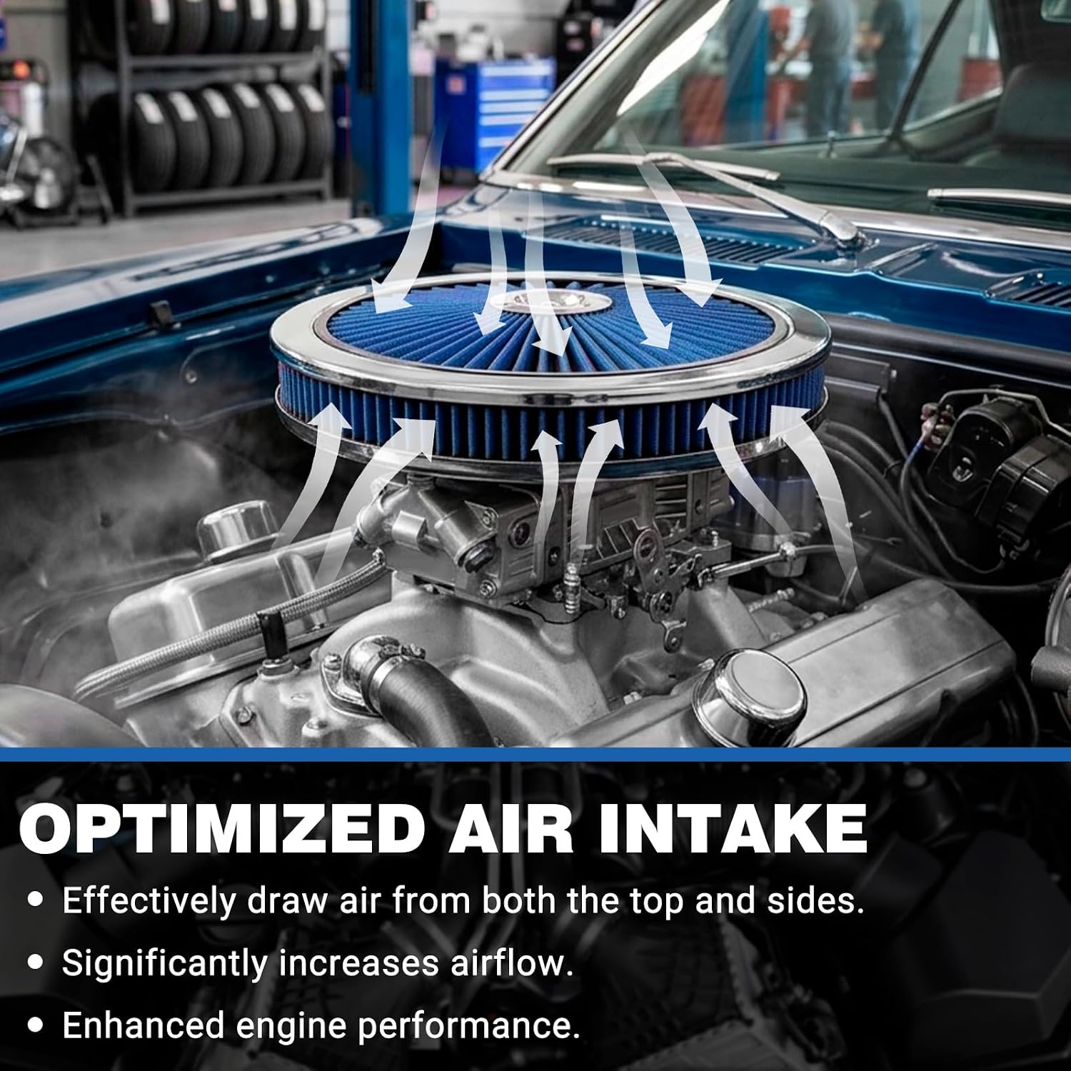 14" x 2" Round Air Cleaner Assembly, Low Profile High Flow Carb Air Filter with Thru Lid, 5-1/8" Carb Neck, Washable Reusable for Chevy Ford GMC Dodge SBC BBC image 5