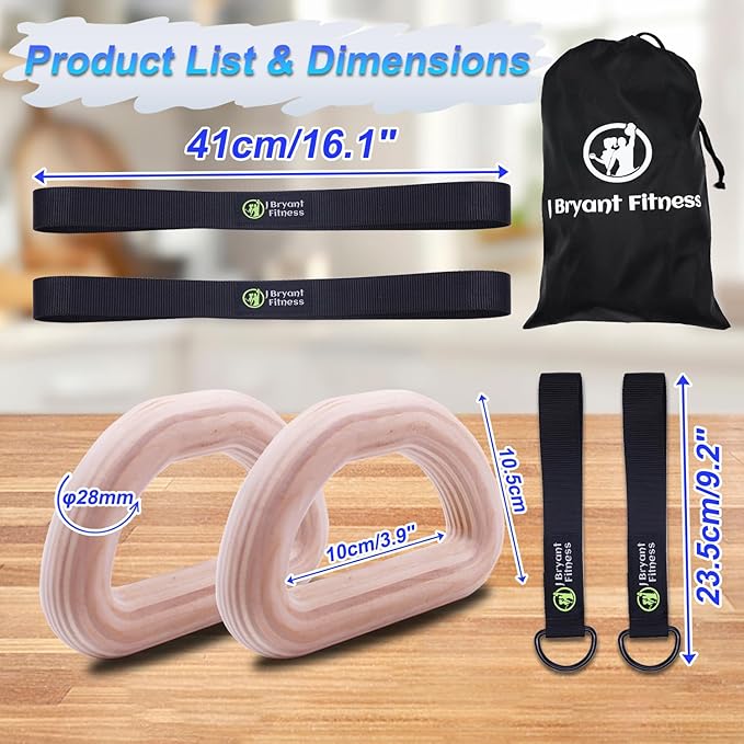 Anillas de gimnasia J Bryant de madera con correas ajustables miniatura 2