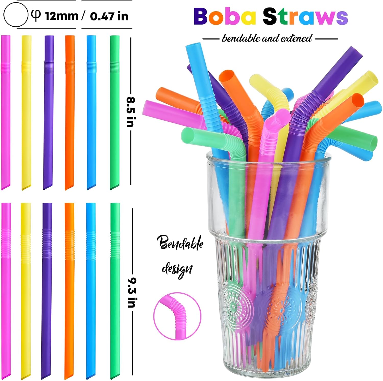 ALINK 100 PCS Jumbo Plastic Boba Straws - Extra Wide Bendy Colorful Disposable Flexible Boba Smoothie Straws for Bubble Tea, Milkshakes, Tapioca Pearls - 8.5" L 0.47" D