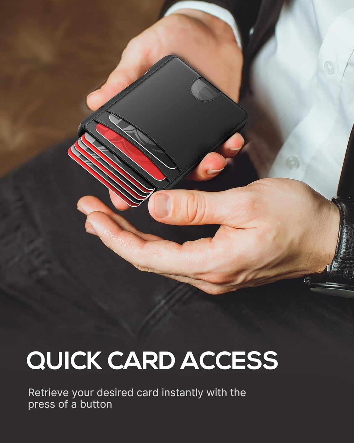 Minimalist Mens Wallet Card Holder: Pop Up Card Case, Genuine Leather, Smart, RFID Blocking, Slim, Thin, Front Pocket, Gift Box - 9-12 Card Capacitiy, Cash Pocket (Black) - Image 5