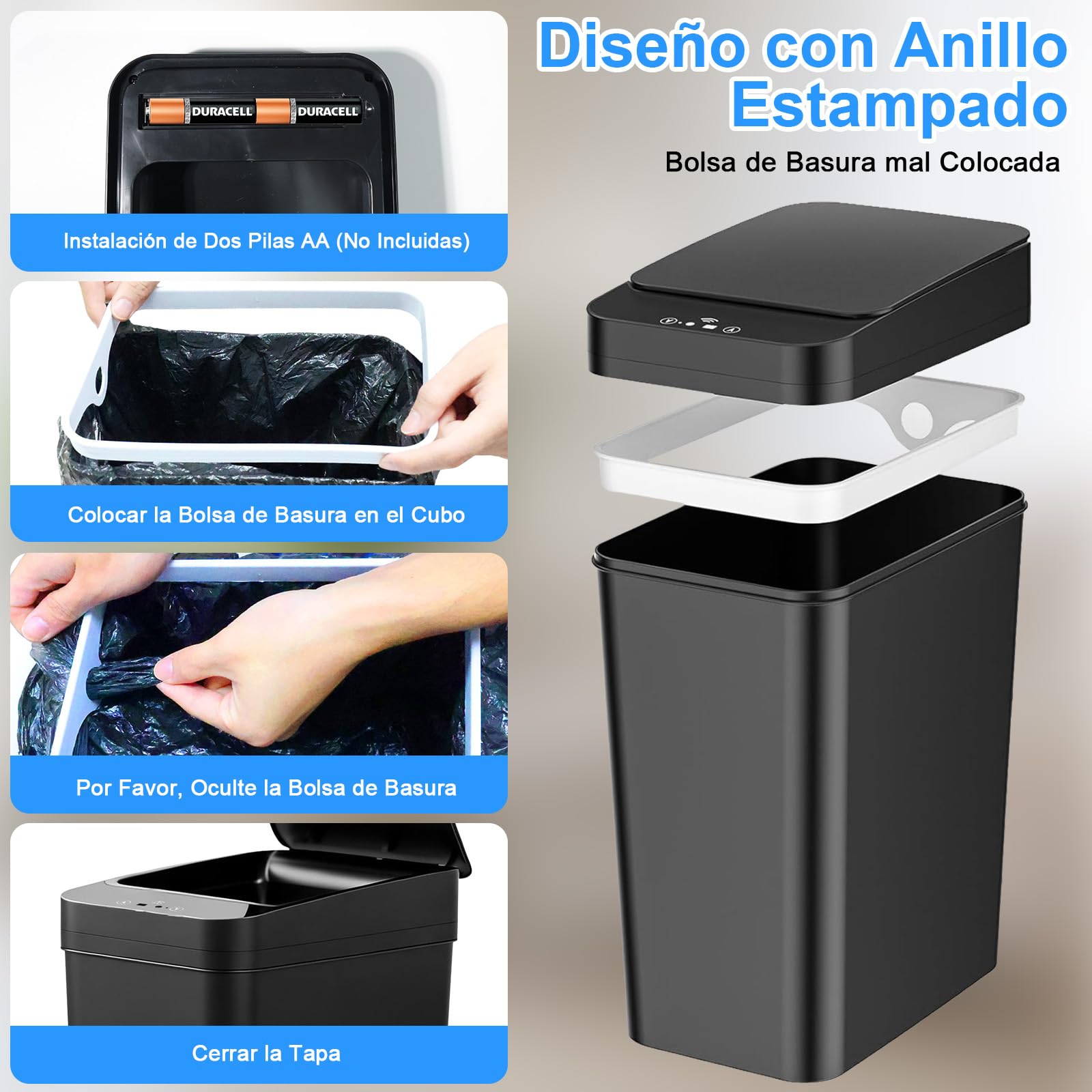 Set de 2 Cubos de Basura Automáticos (15L y 12L) con Tapa Inteligente – Cubo Basura Automático, Papelera Silenciosa e Impermeable con 3 Modos de Funcionamiento, Ideal para Cocina, Baño y Oficina Negro