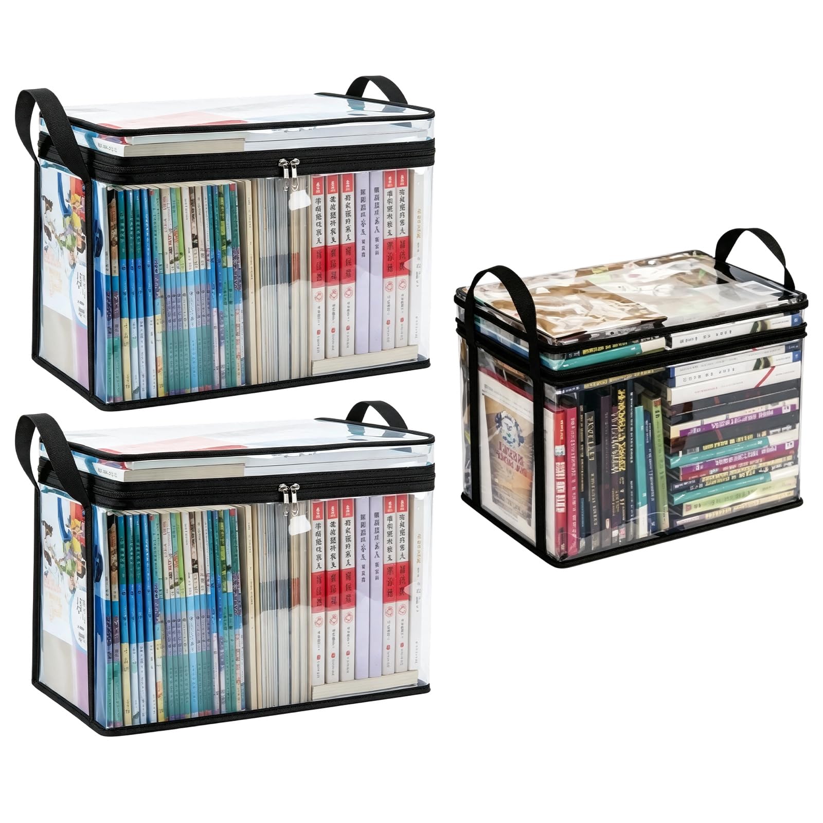 WORUIB 3 PCS Book Storage Boxes,Two Size, Transparent Design, Foldable, Water-Resistant Material, Multi-Purpose Organisation, Home Office Use, Dormitory Storage Solutions, Space-Saving Design