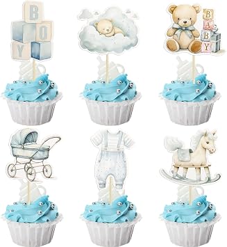 Ephlyn 36Pcs Baby Boy Cupcake Toppers Baby Shower Decorations for Boy Bear Its a Boy Cupcake Picks Decorations for Baby Boys Birthday Party Cake Decorations Blue