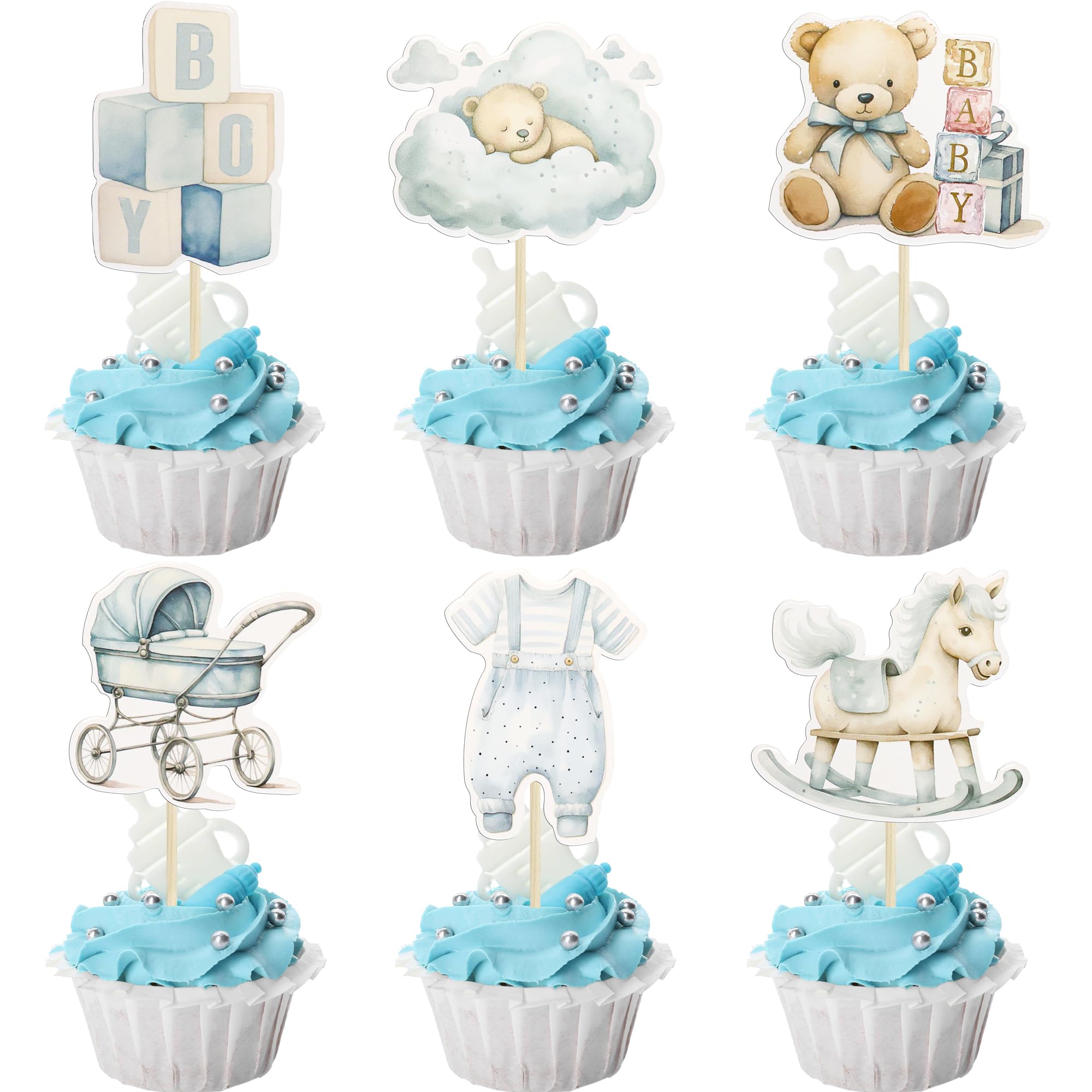 Ephlyn 36Pcs Baby Boy Cupcake Toppers Baby Shower Decorations for Boy Bear It's a Boy Cupcake Picks Decorations for Baby Boys Birthday Party Cake