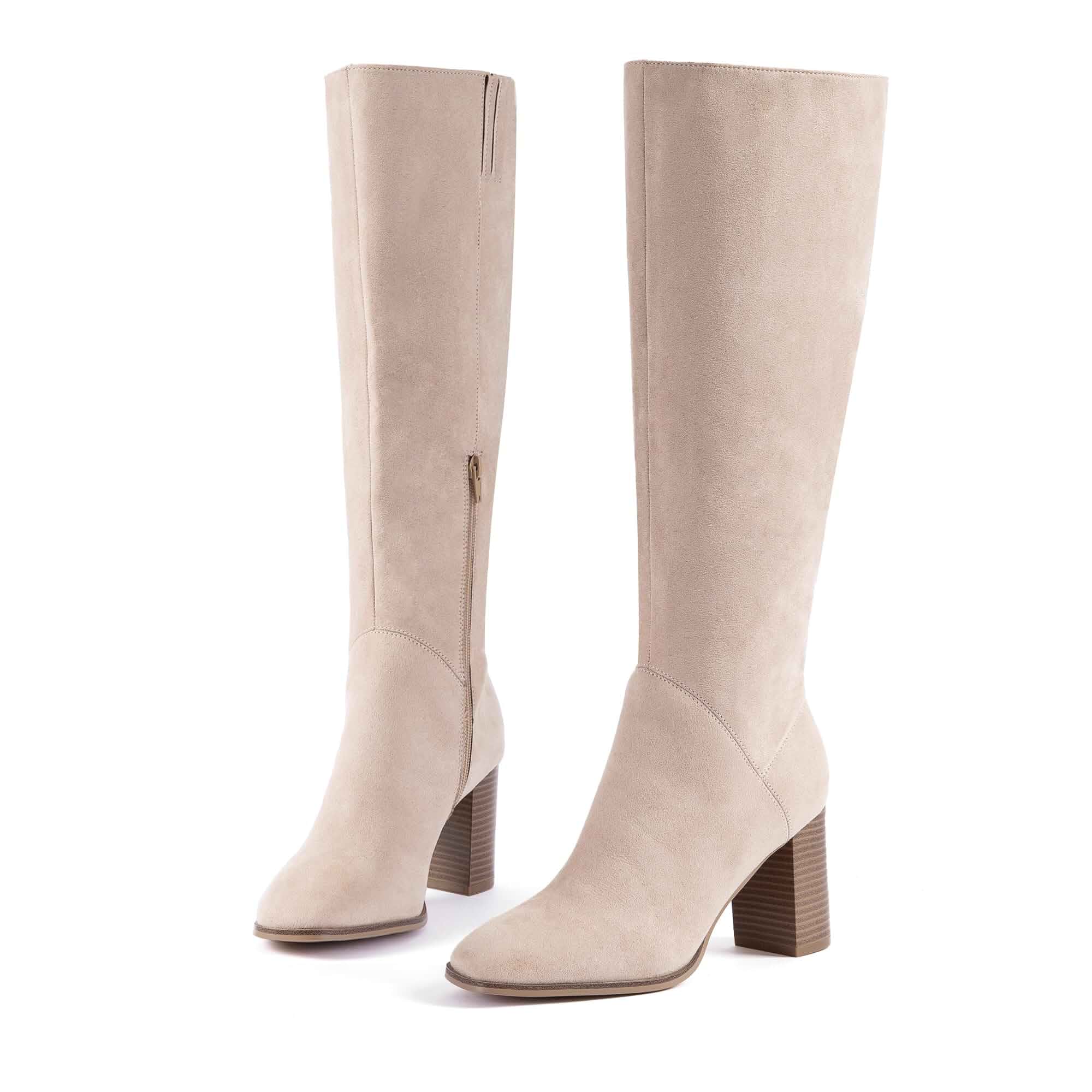 Women Knee High Boots Side Zipper Chunky Heel Soft Comfort Stacked Block Heel, Square Toe, Soft Eco-Crafted Suede, Tonal Stitching Detail, Dresses Jeans Skirts, Fall Winter Daily Wear