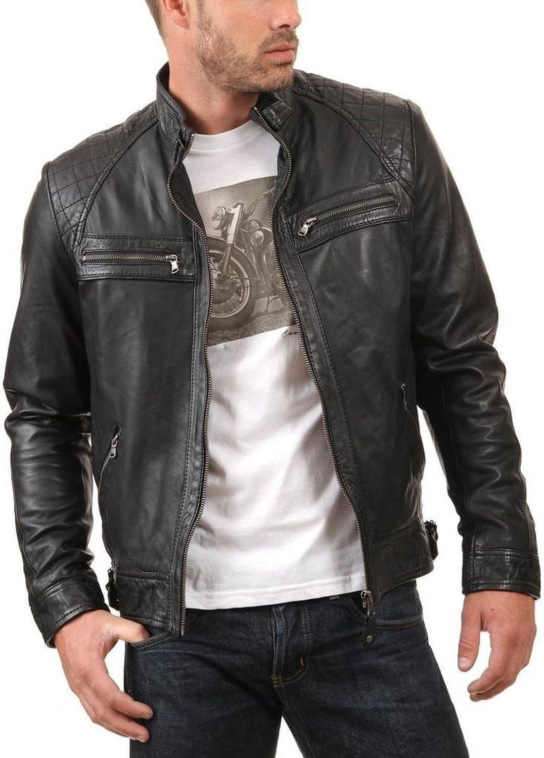New York Leather Men's New Range Bomber Biker Jacket XXL Black