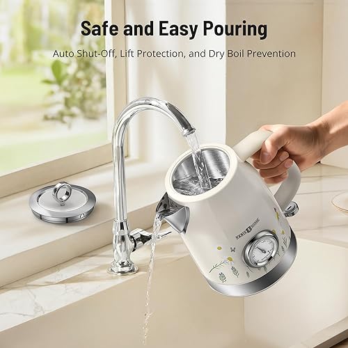 Miniatura 7 de Retro Electric Kettle, PARIS RHÔNE 1.7L Hot Tea Kettle with Thermometer, 1500W Fast Heating, Cordless Design, LED Indicator, Auto Shut-Off & Boil