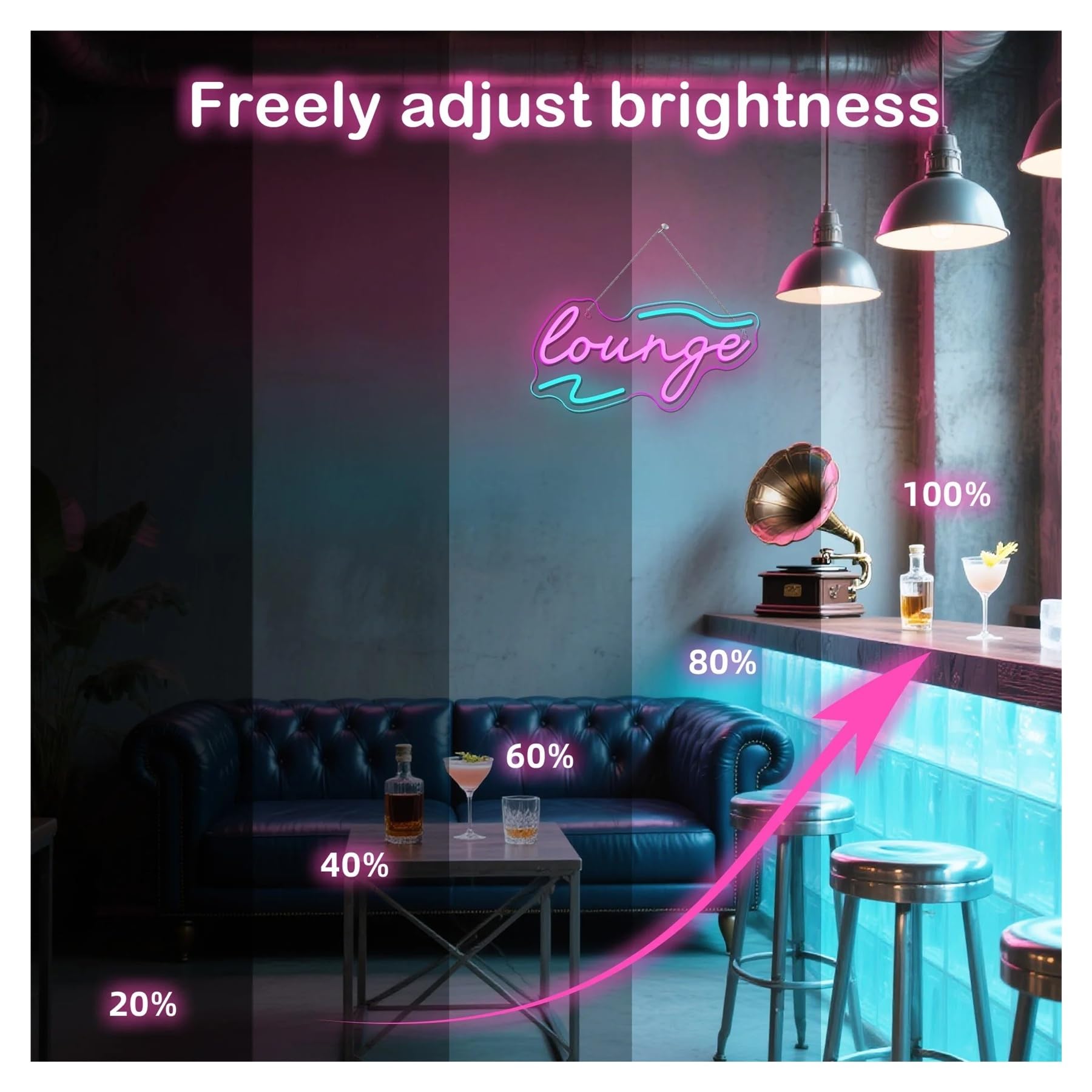 Hängende Kunst-Leuchtreklamen Neonschild Lounge USB-dimmbar, Für Zimmer, Bar, Hotel, Café, Nachtclub, VIP, Männerhöhle, Zuhause, Schlafzimmer, Dekoration 14.6×7.1in