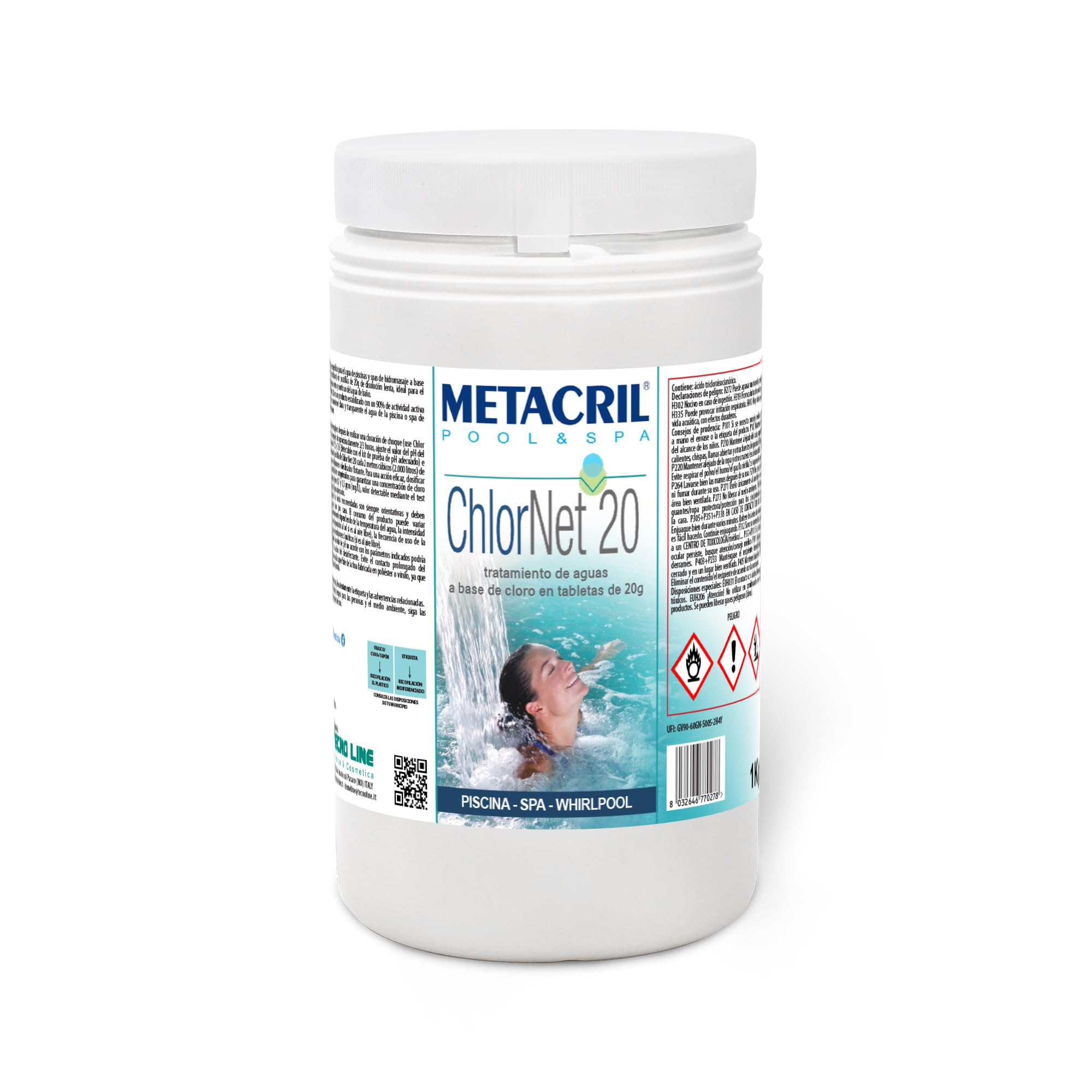 Metacril Chlor Net 20 + Dos. Galleggiante, Tricloro past. da 20gr -(1+1)2Kg | Tavolette cloro a lenta dissoluzione, Ideale per Piscina e Spa Idromassaggio con Dosatore Galleggiante con Termometro