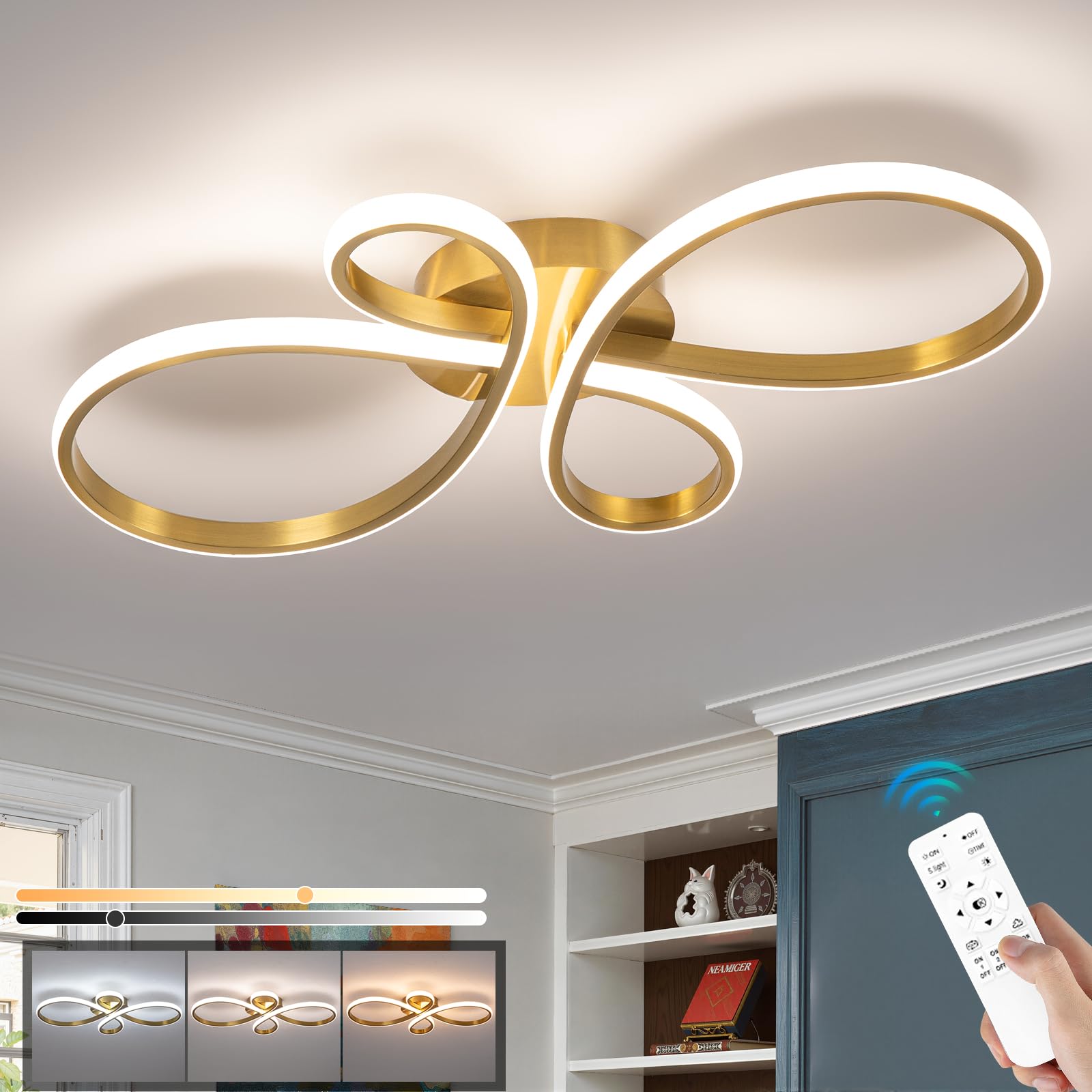 Led Ceiling Light Dimmable, Modern Led Ceiling Lamp with Remote Control, Minimalist Gold Ceiling Lights for Bedroom Kitchen Living Room Dining Office Hallway Balcony - 36W, Gold , 60cm, 3000K-6000K