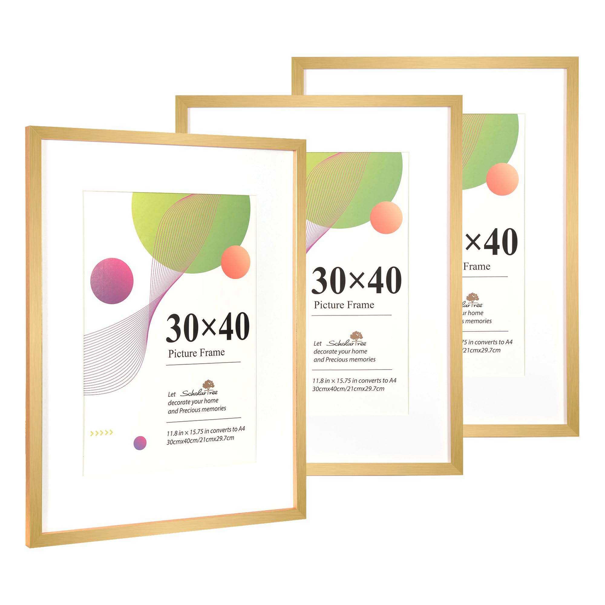 Scholar Tree Gold 30X40 Picture Frame,3 Pack ,12X16 Picture Frame, Wooden Photo Frames With A4 Mount,With Wall Hanging