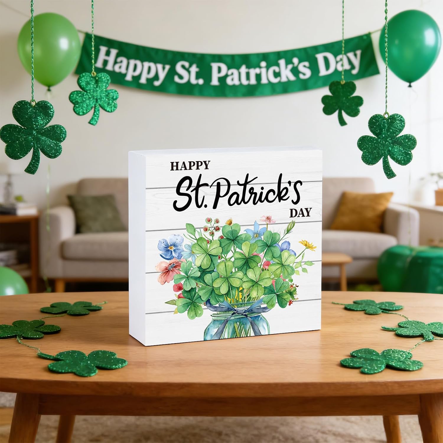 St Patricks Day Decorations St Patricks Day Decor Indoor Table Rustic Shamrocks Flowers Home Room Office Bathroom Wood Sign Wooden Shelf Desk Decor Season Sign House Warming Gifts 5.9 x 5.9 Inch