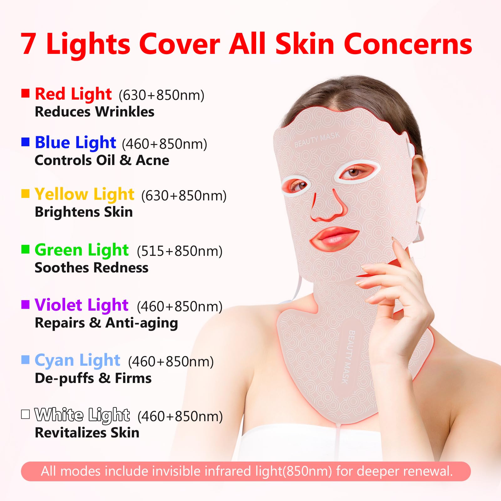 Masque LED de luminothérapie pour le visage, 7 couleurs avec lampe à lumière rouge pour le visage et le cou soin professionnel à domicile