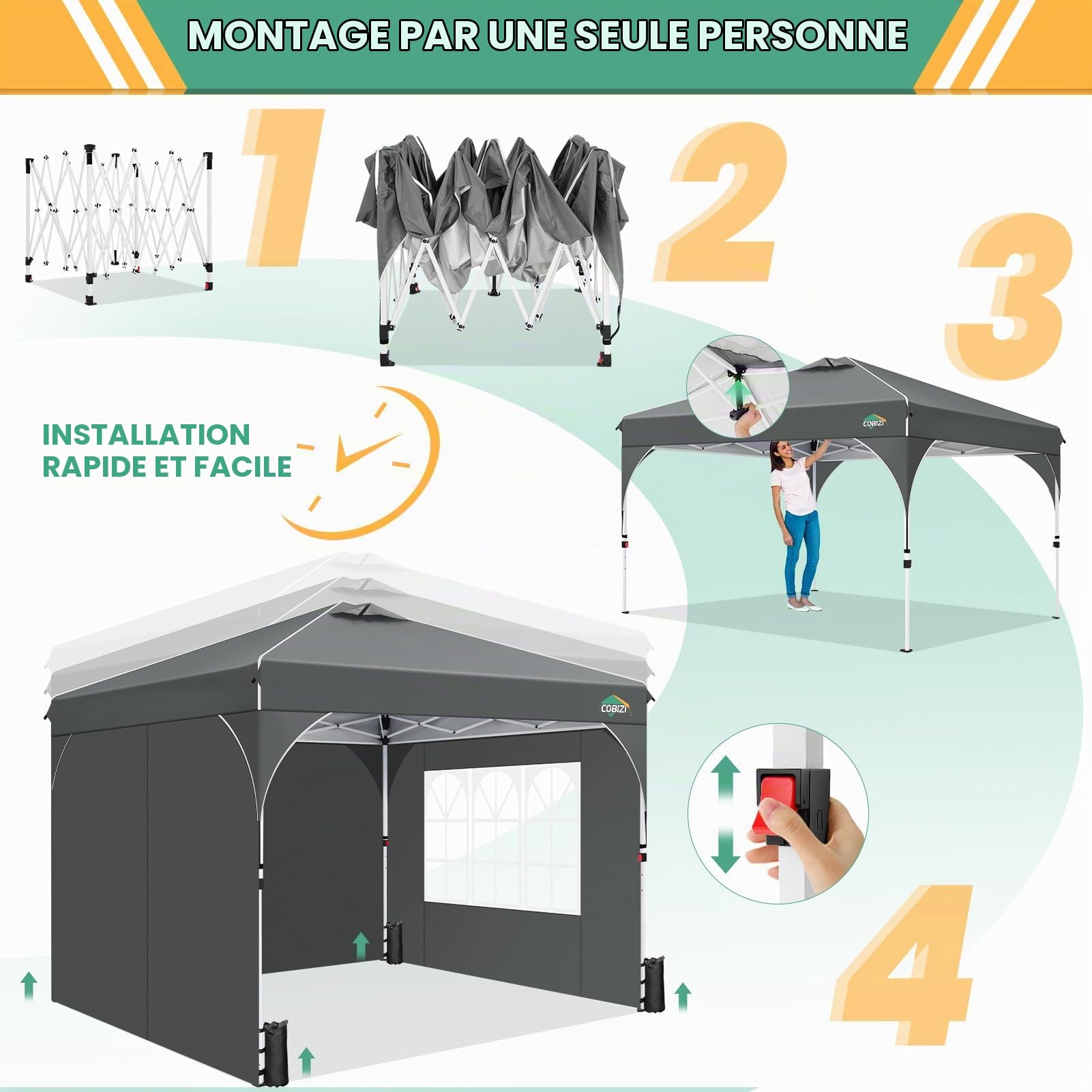 COBIZI Tonnelle Pliante 3x3 Imperméable Tonnelle De Jardin Exterieur, 3 Panneaux Latéraux, Tonnelle Pliante Imperméable, Convient pour Le Camping, Les Festivals, Gris