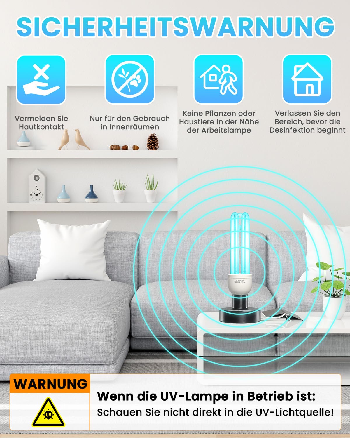 Lampe Desinfektion mit Ozon LED Licht 35W E27 254nm Keimtötende Lampe Starke Sterilisation und Desinfektion AC220-240V Perfekt für Küche, Schlafzimmer, Wohnzimmer, Büro Frischluft