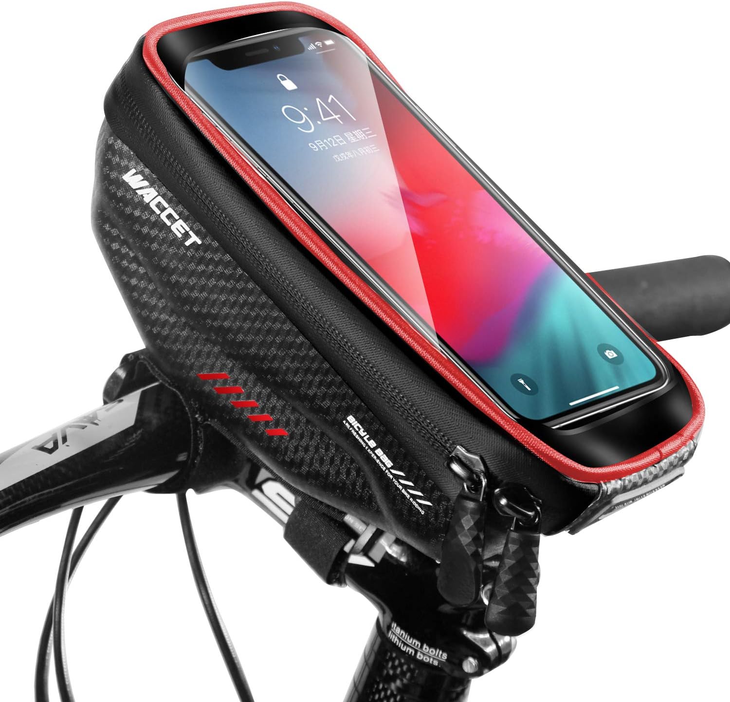 Bike Handlebar Bag Waterproof Bike Phone Holder Mount Cycling Phone Holder with Touch Screen Top Tube Handlebar Phone Bags Compatible for Smartphone Below 6.5 inch (Red)