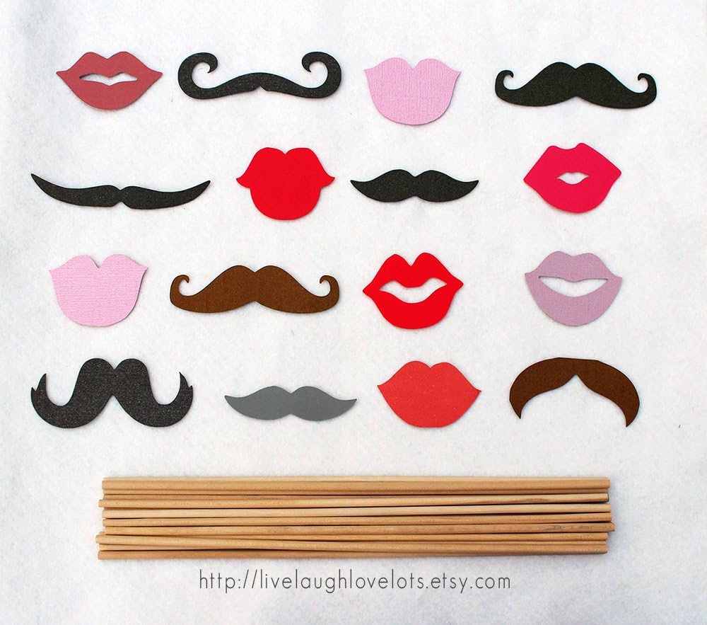 Mustache and Lips Party Photo Props. 16 Assorted Varieties. DIY