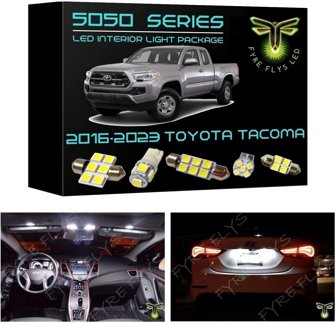Fyre Flys 9 Piece White LED Interior Lights for 2016-2023 Toyota Tacoma 6000K 5050 Series SMD Package Kit and Install Tool