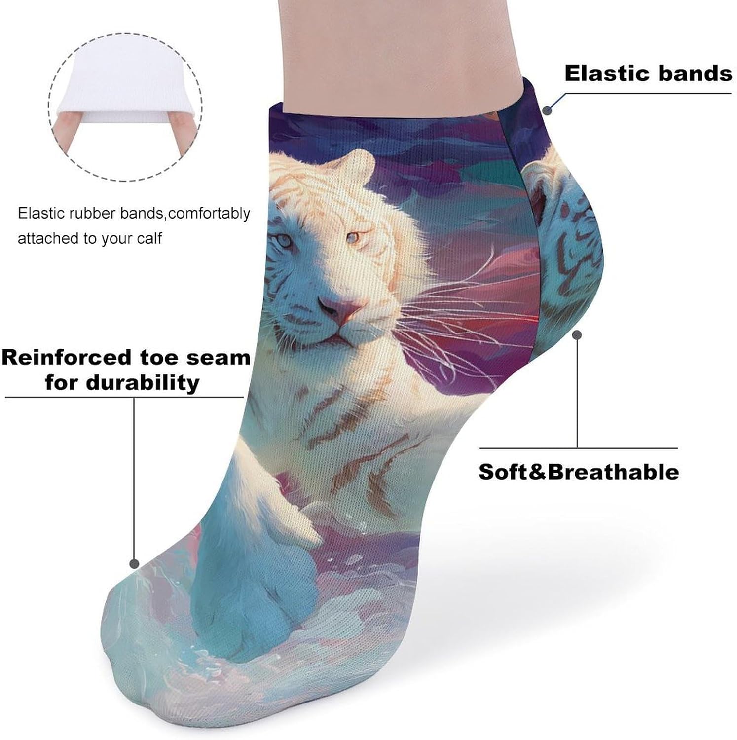 Fantasy Tiger Colorful Ripples No Show Ankle Socks Low Cut Non Slip Flat Boat Line 5 Pairs Set