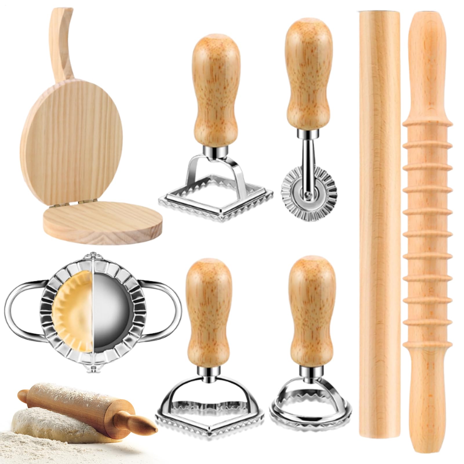Tagliere artigianale – rotolo di legno a coste, scanalato | Set di culinari professionali multi-pezzo, di produzione tradizionale di in legno macaroni per casa