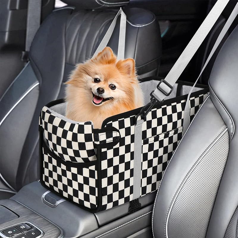 Assento Elevatório para Cães Pequenos no Console do Carro NECKORY QI-139, Dobrável, Preto Xadrez